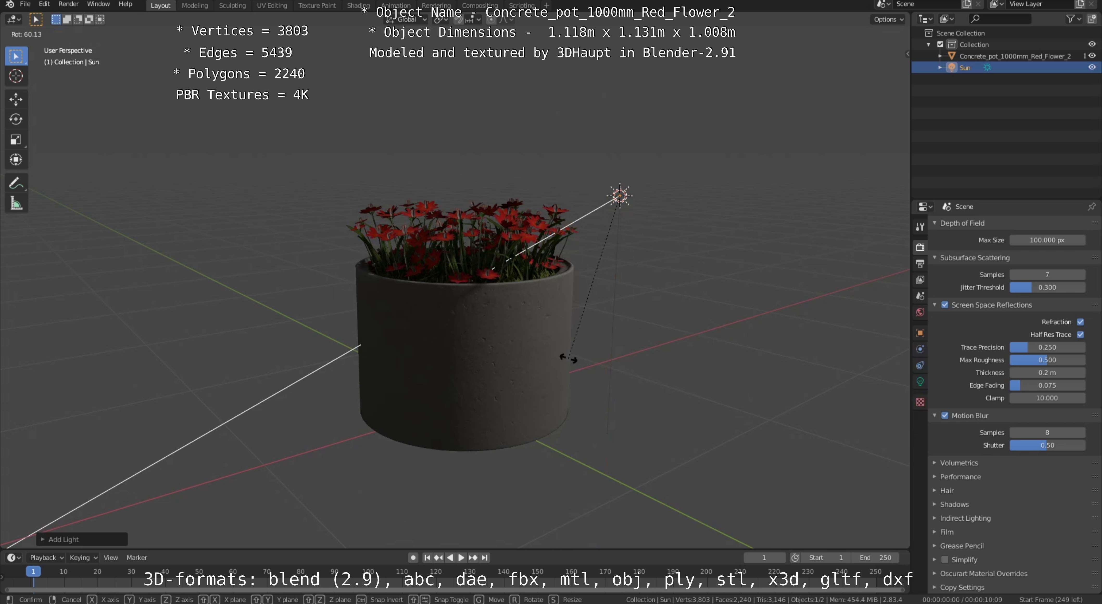 Concrete Pot 1000mm with Red Flowers Version 2 Low-poly 3D model_88