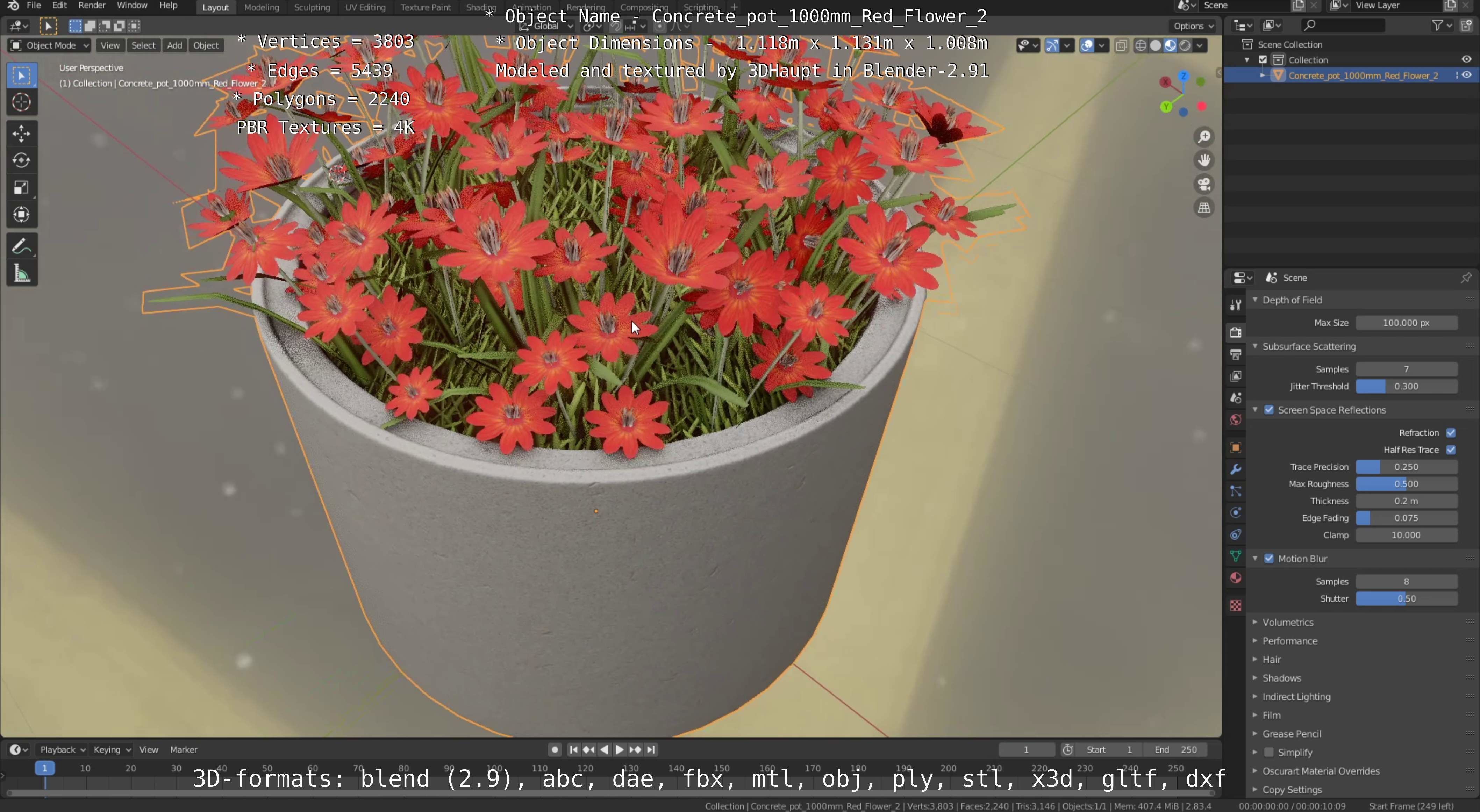 Concrete Pot 1000mm with Red Flowers Version 2 Low-poly 3D model_73