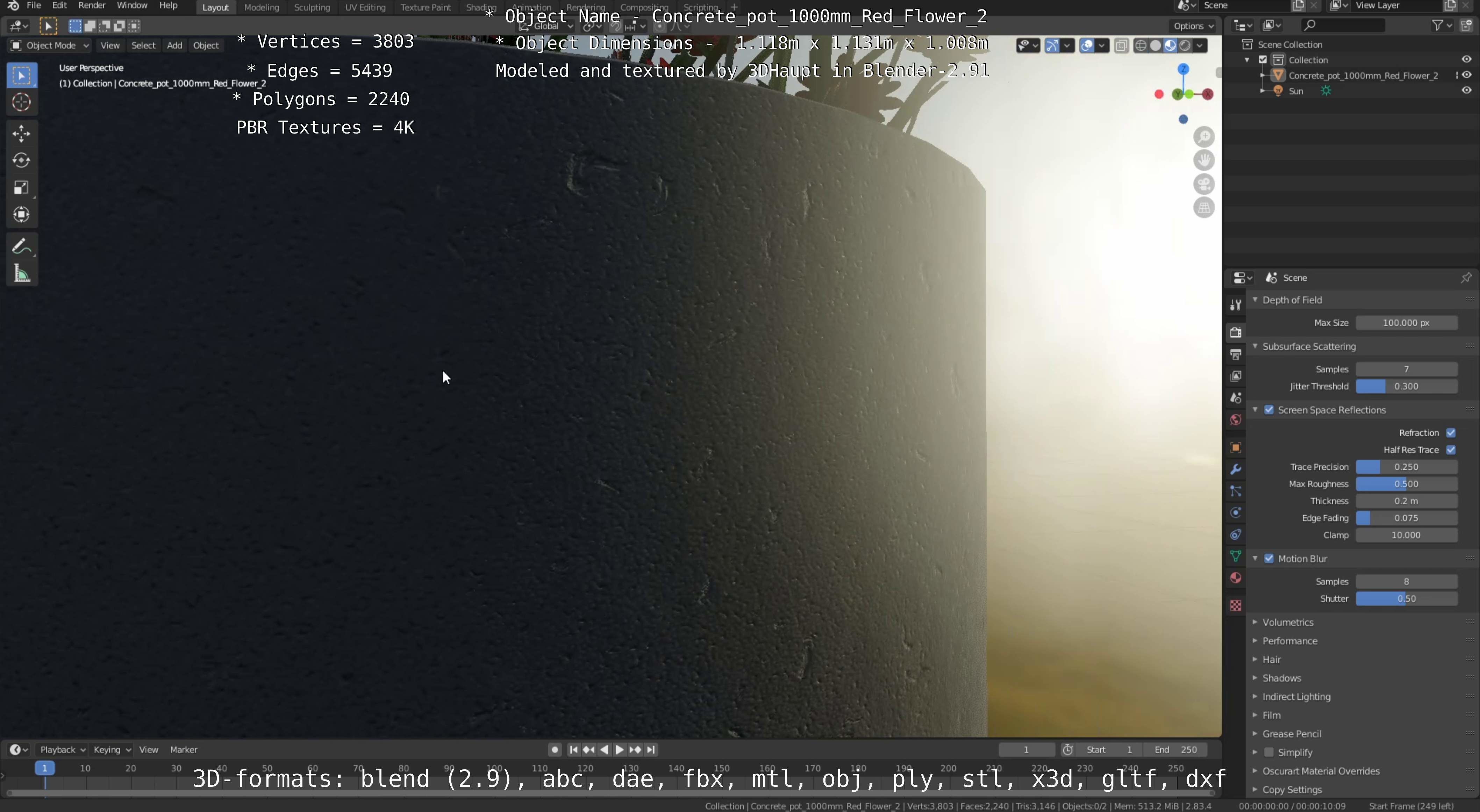 Concrete Pot 1000mm with Red Flowers Version 2 Low-poly 3D model_11