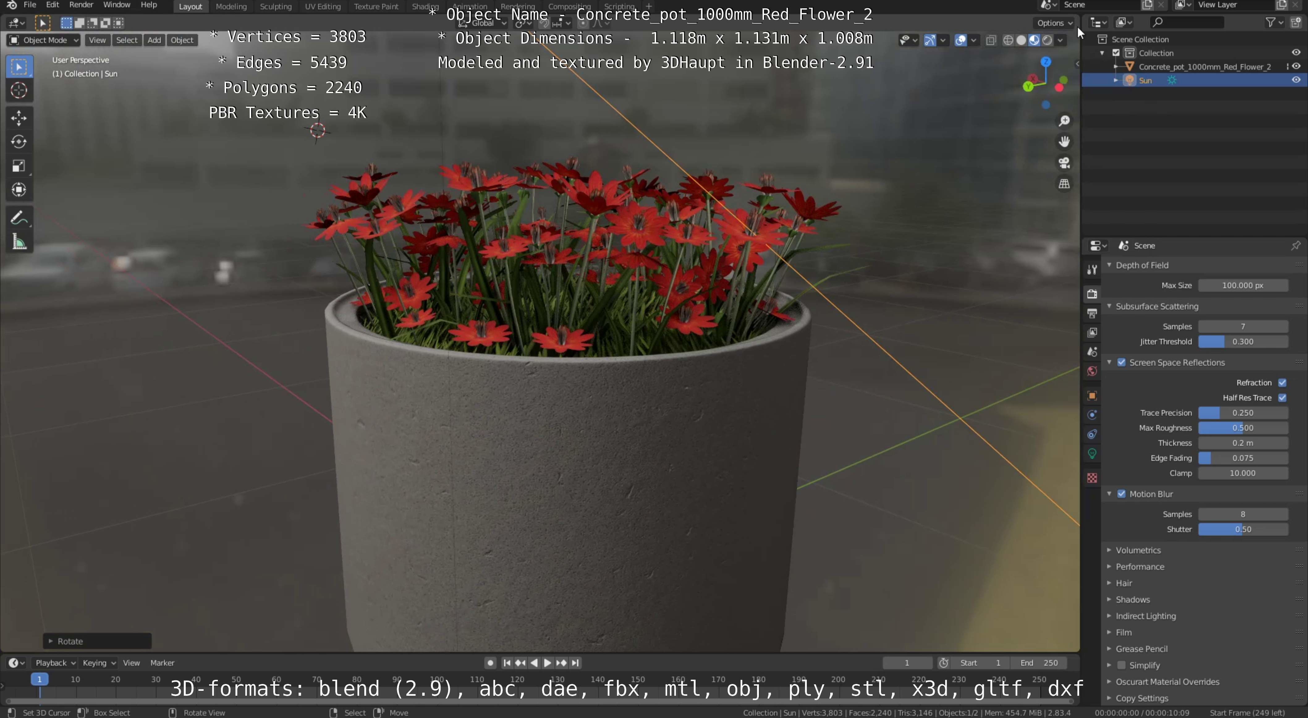 Concrete Pot 1000mm with Red Flowers Version 2 Low-poly 3D model_25