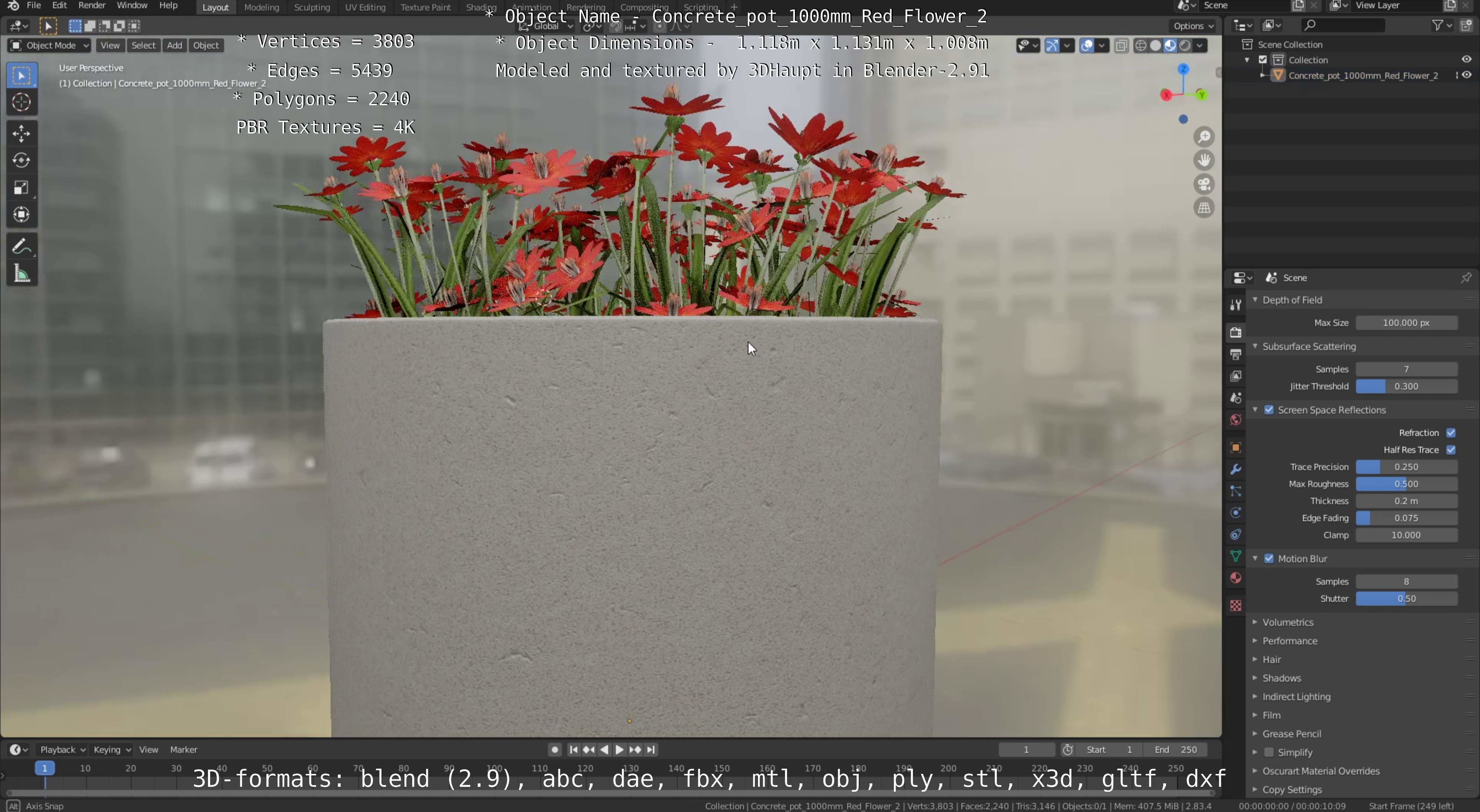 Concrete Pot 1000mm with Red Flowers Version 2 Low-poly 3D model_80