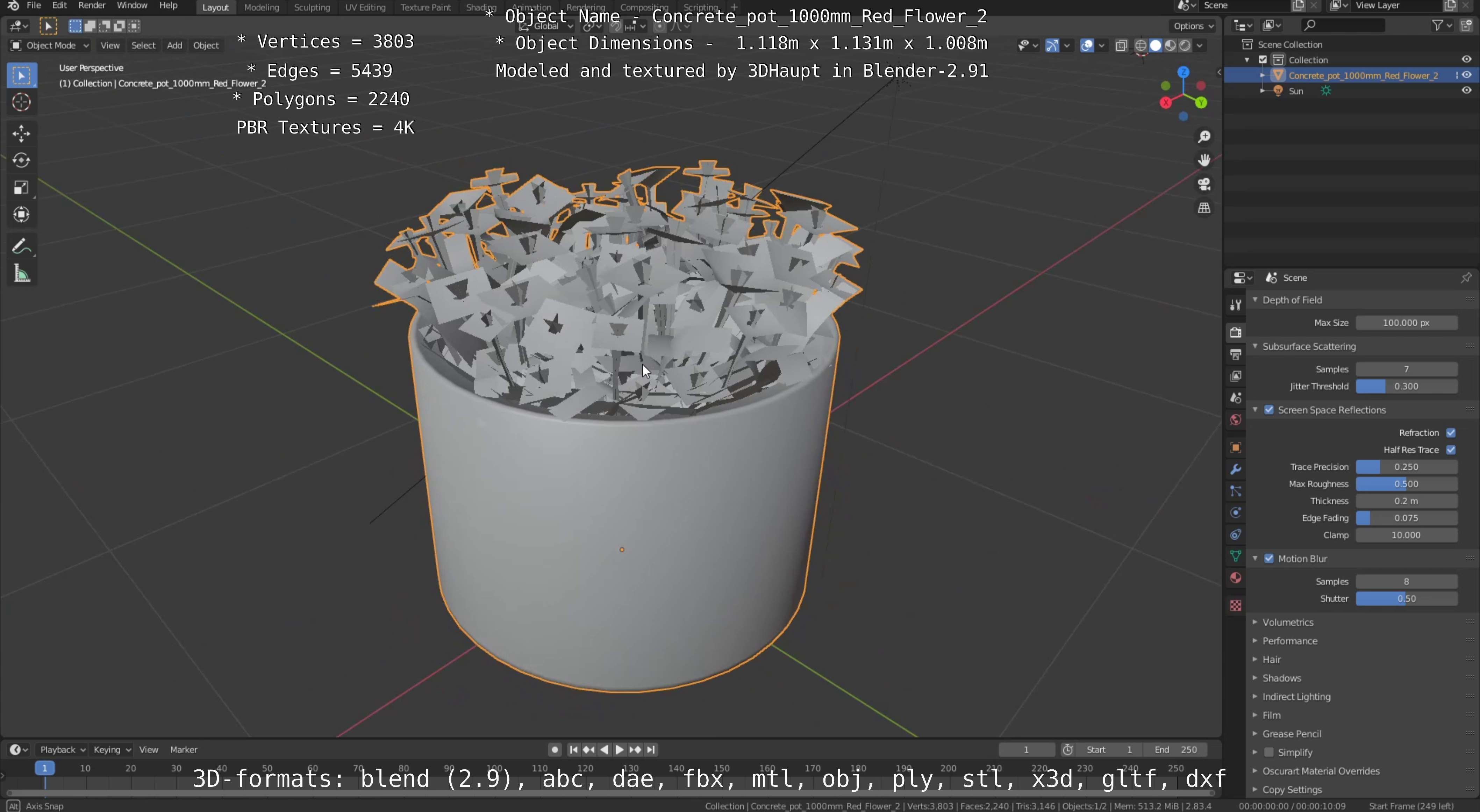 Concrete Pot 1000mm with Red Flowers Version 2 Low-poly 3D model_63