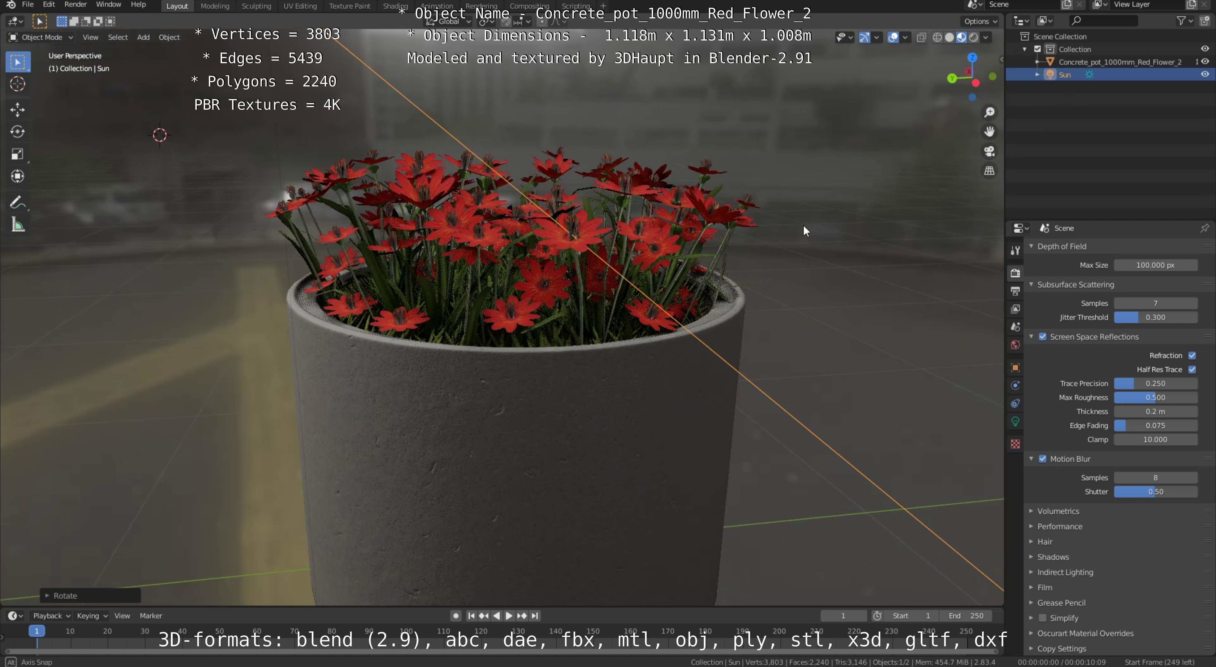Concrete Pot 1000mm with Red Flowers Version 2 Low-poly 3D model_19