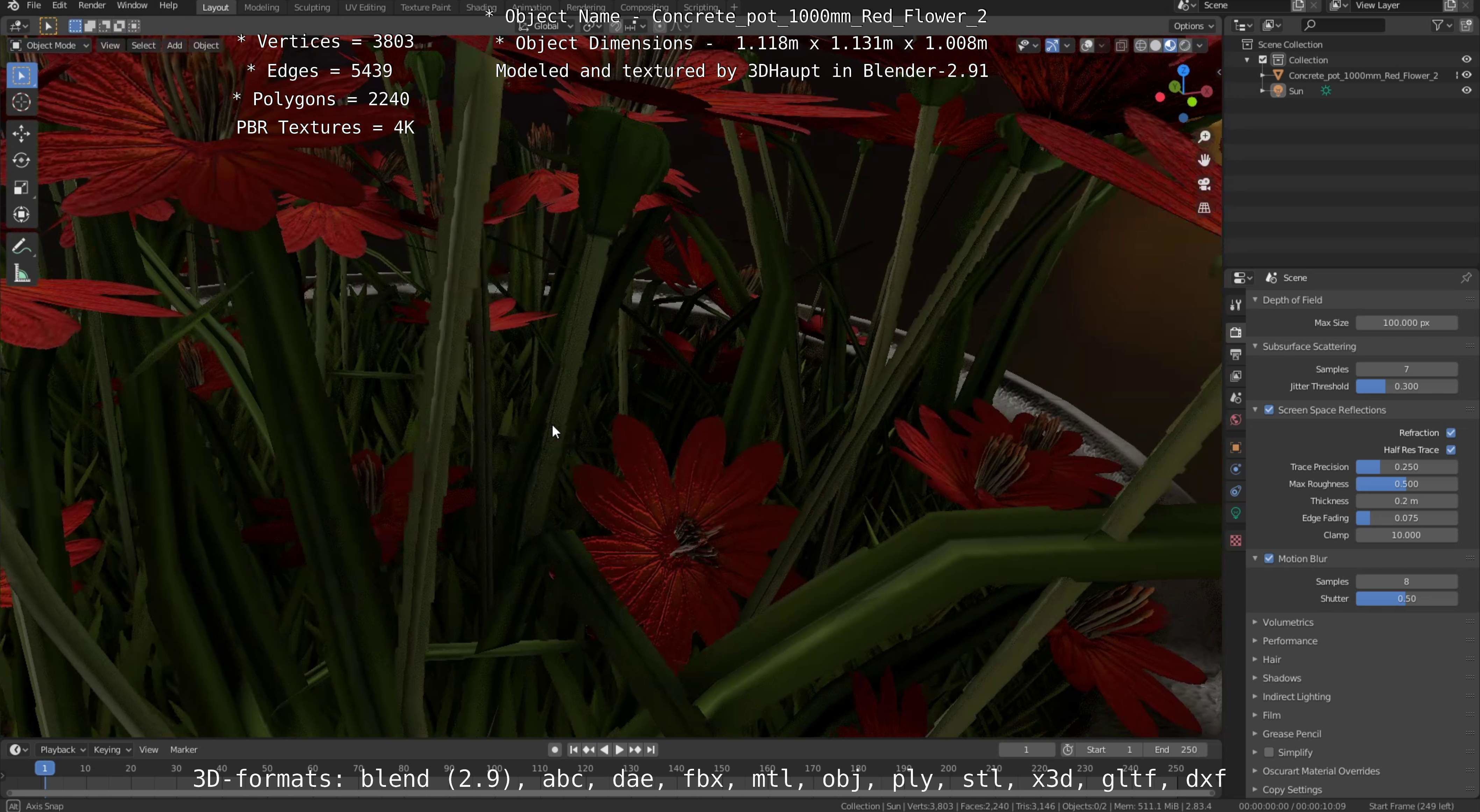 Concrete Pot 1000mm with Red Flowers Version 2 Low-poly 3D model_45