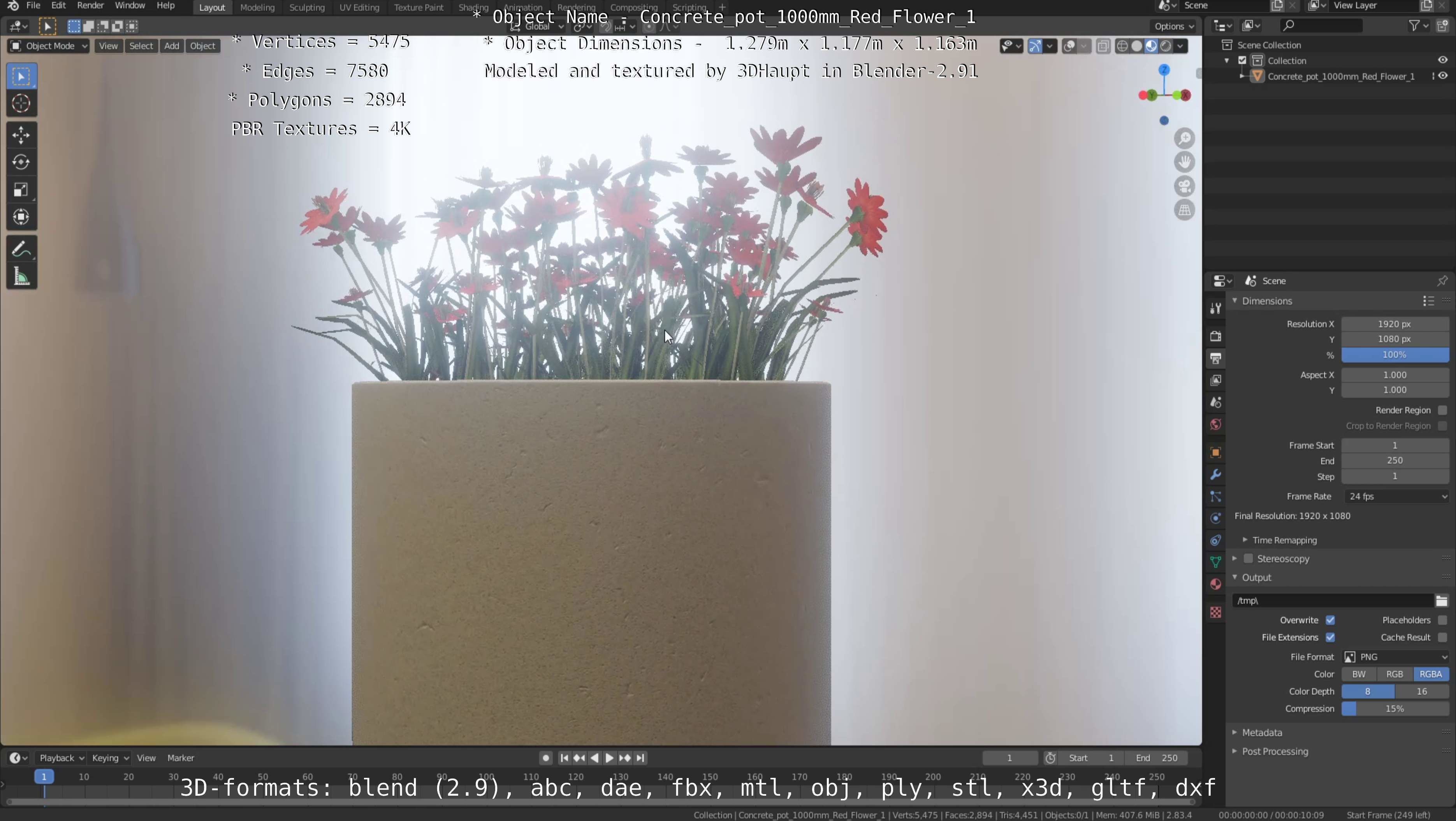 Concrete 1000mm with Red Flowers Version 1 Low-poly 3D model_13