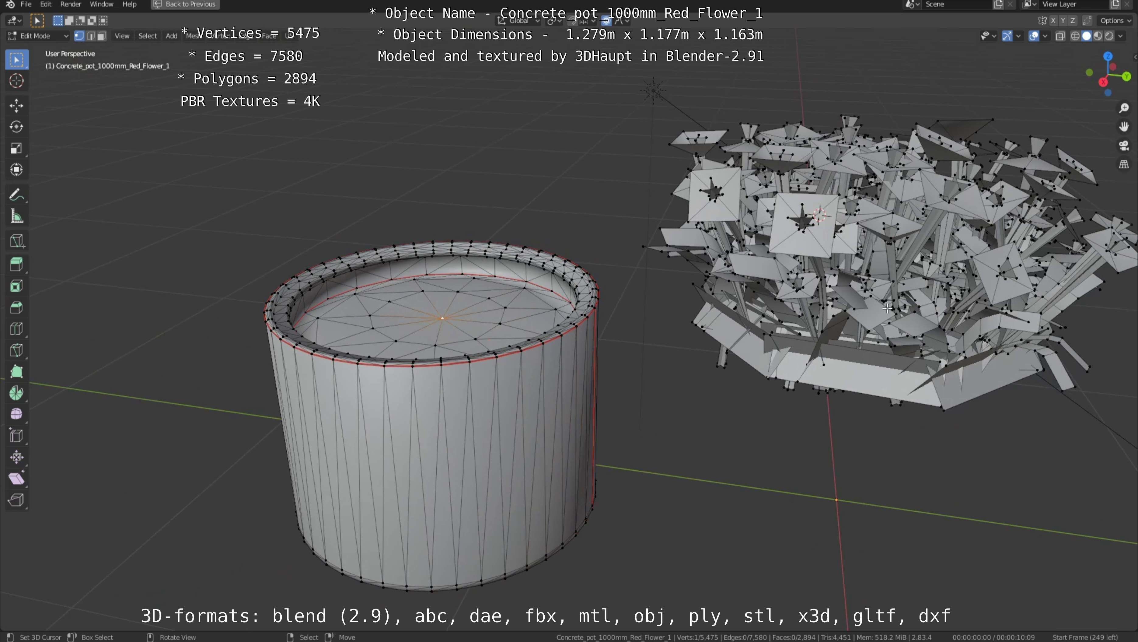 Concrete 1000mm with Red Flowers Version 1 Low-poly 3D model_67