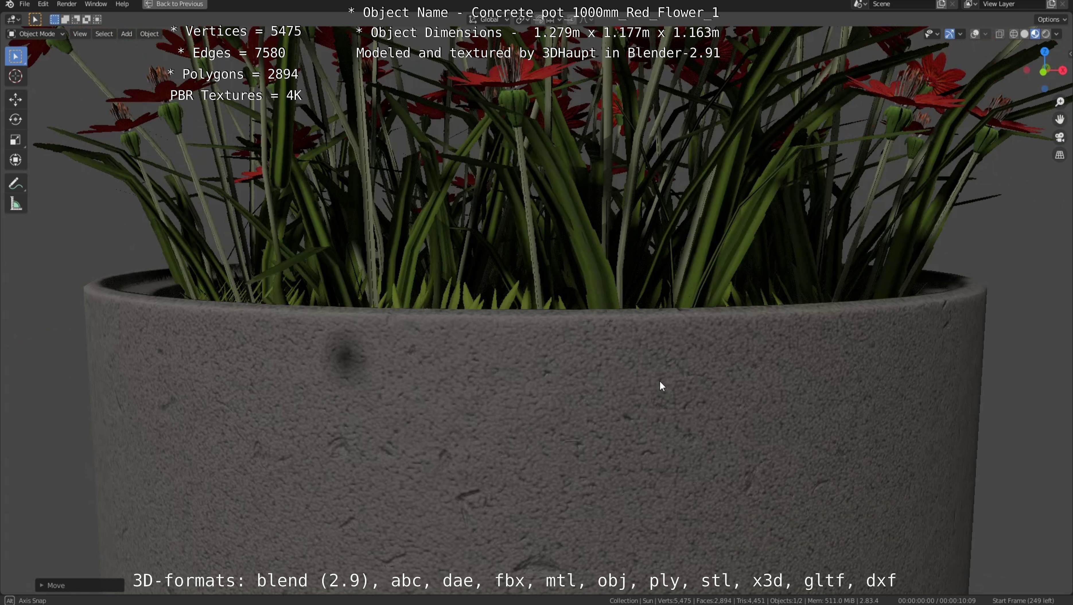 Concrete 1000mm with Red Flowers Version 1 Low-poly 3D model_12