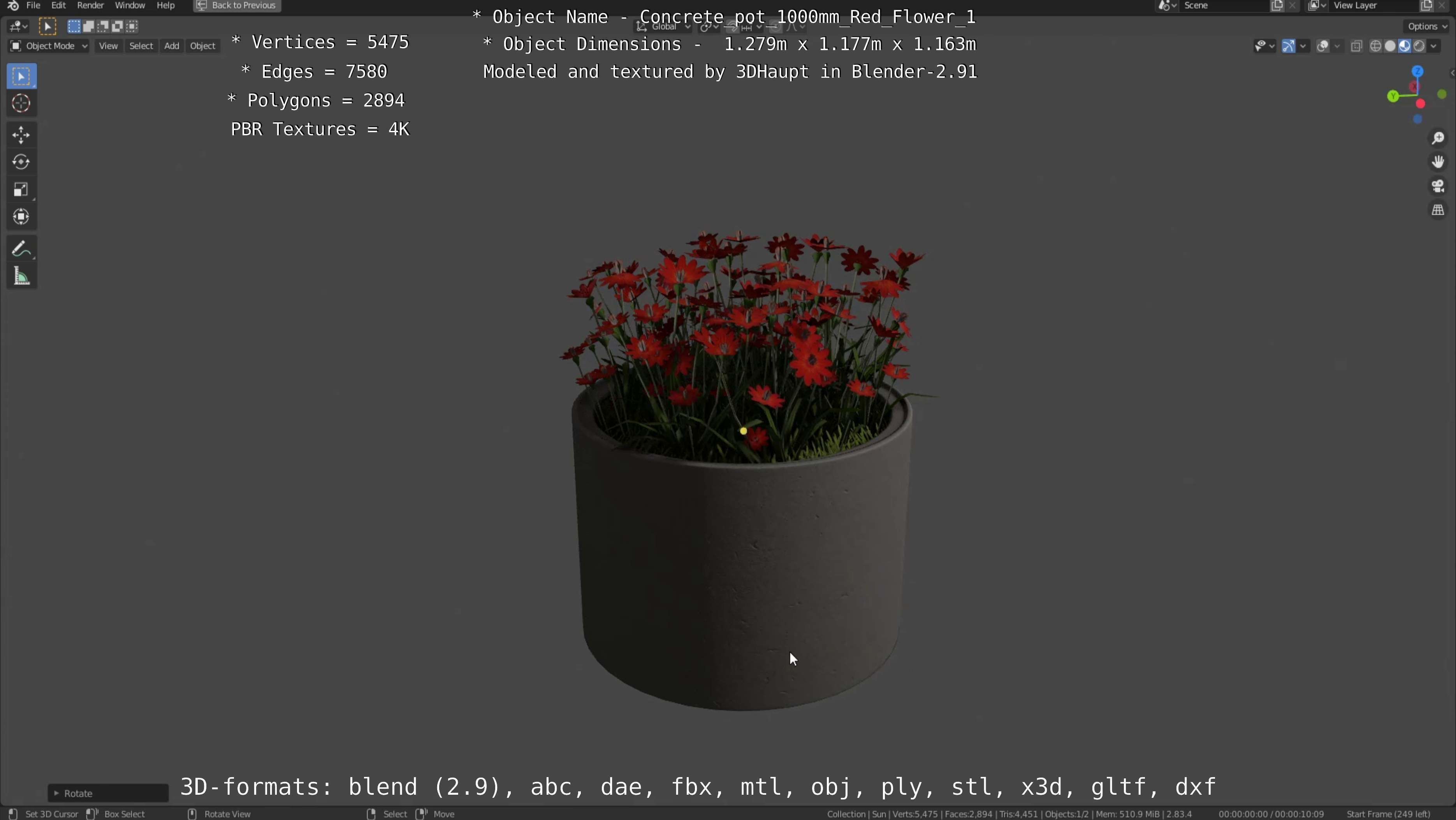 Concrete 1000mm with Red Flowers Version 1 Low-poly 3D model_107