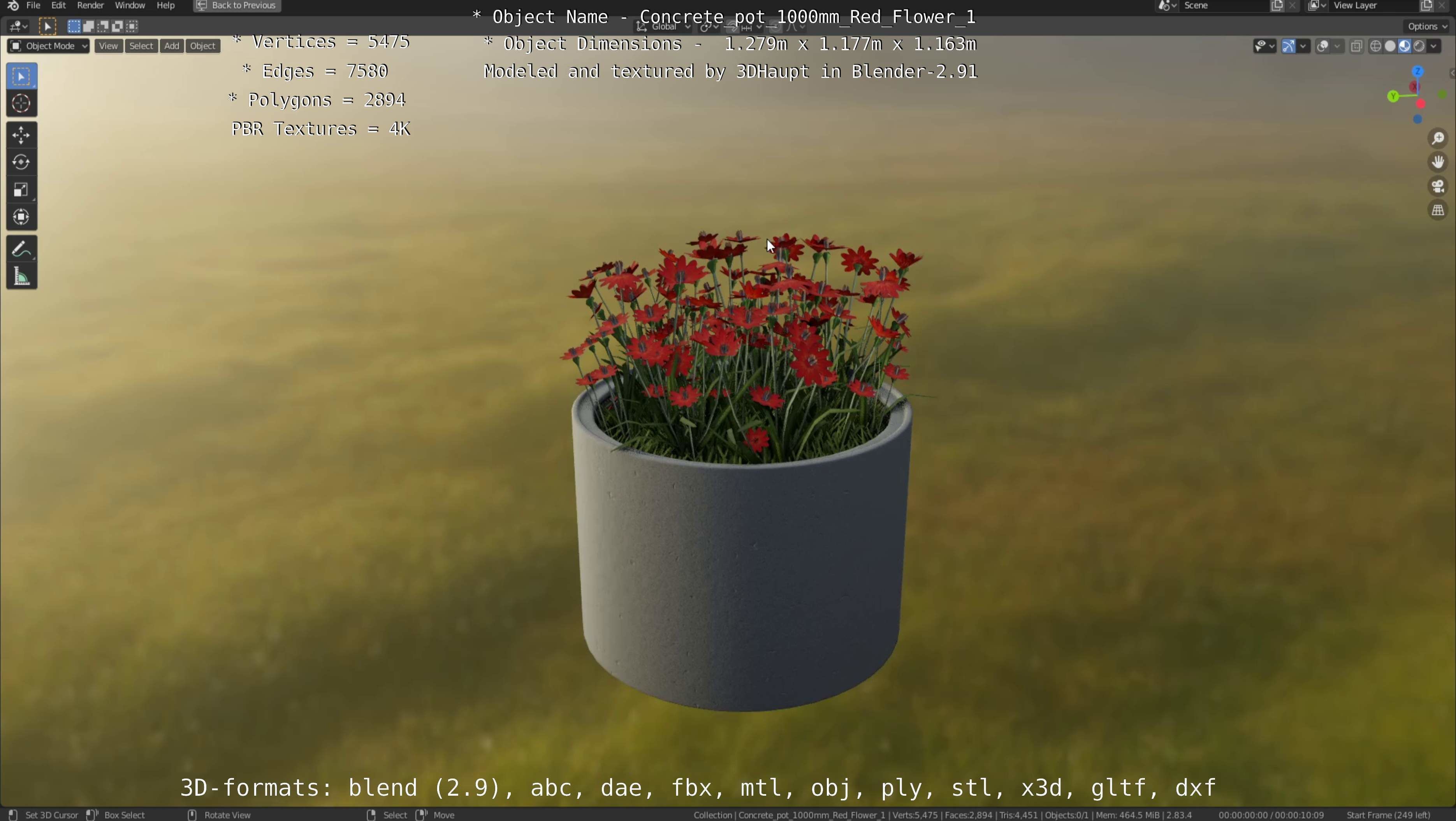 Concrete 1000mm with Red Flowers Version 1 Low-poly 3D model_101