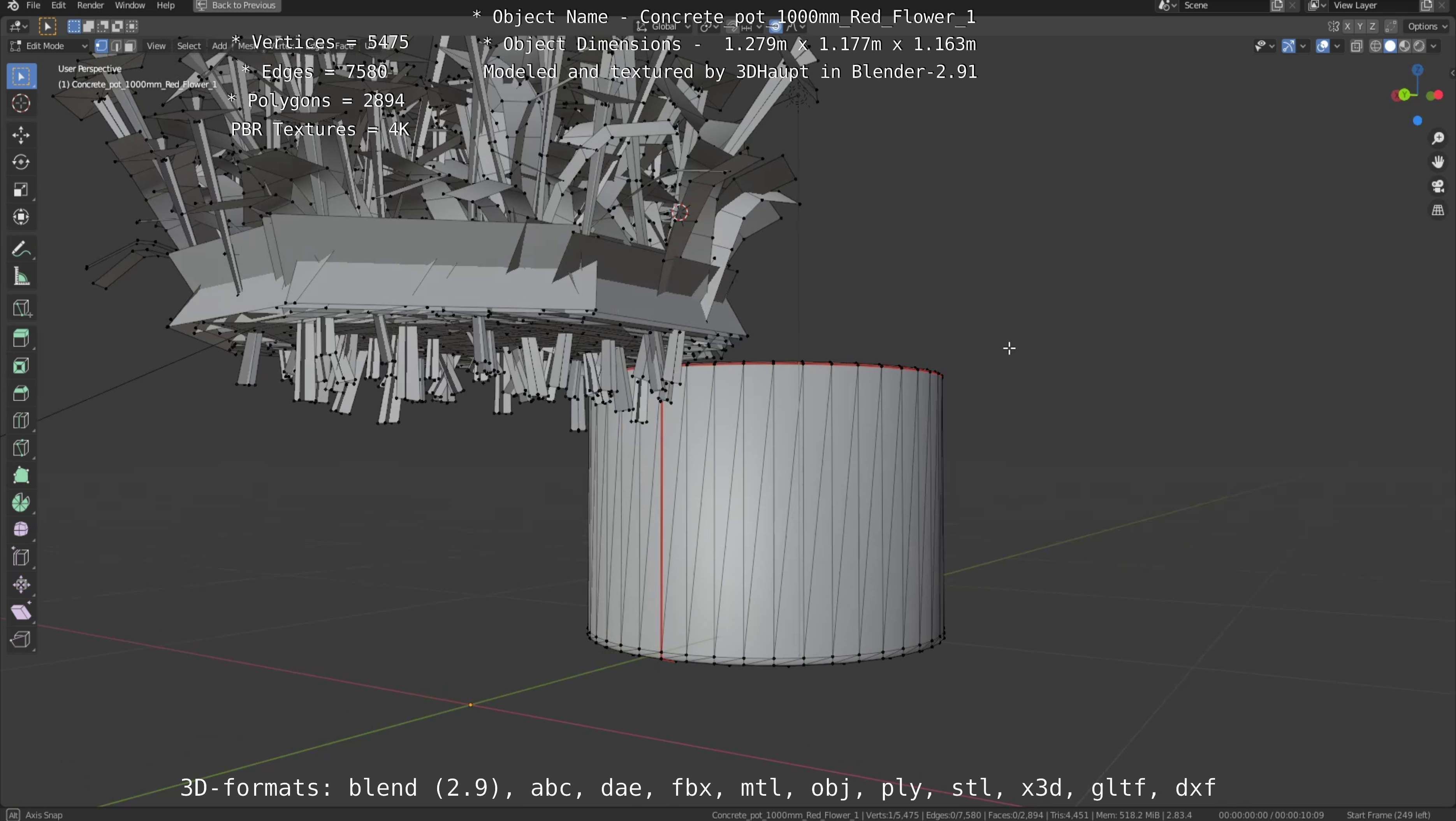 Concrete 1000mm with Red Flowers Version 1 Low-poly 3D model_66