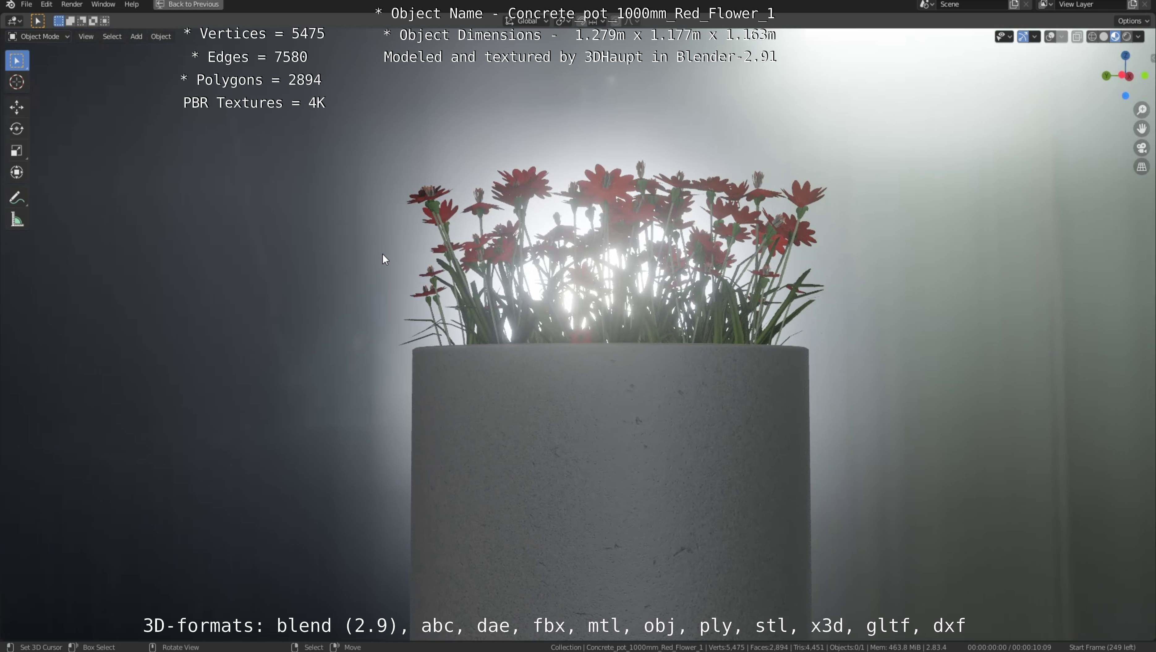 Concrete 1000mm with Red Flowers Version 1 Low-poly 3D model_86