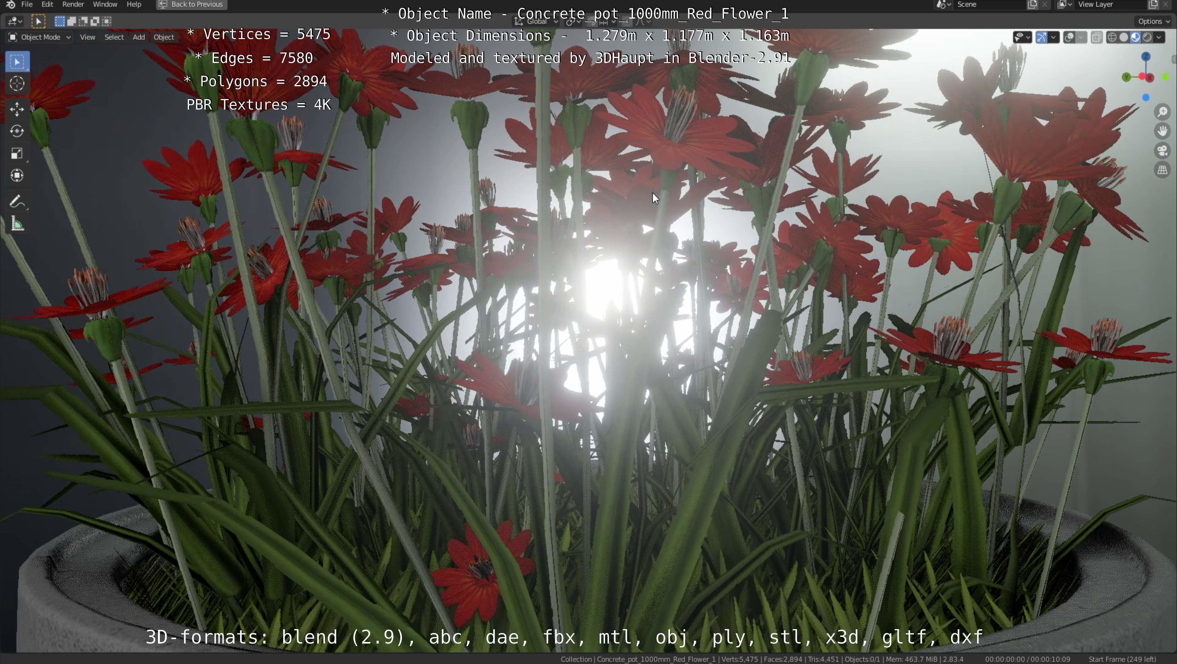 Concrete 1000mm with Red Flowers Version 1 Low-poly 3D model_91