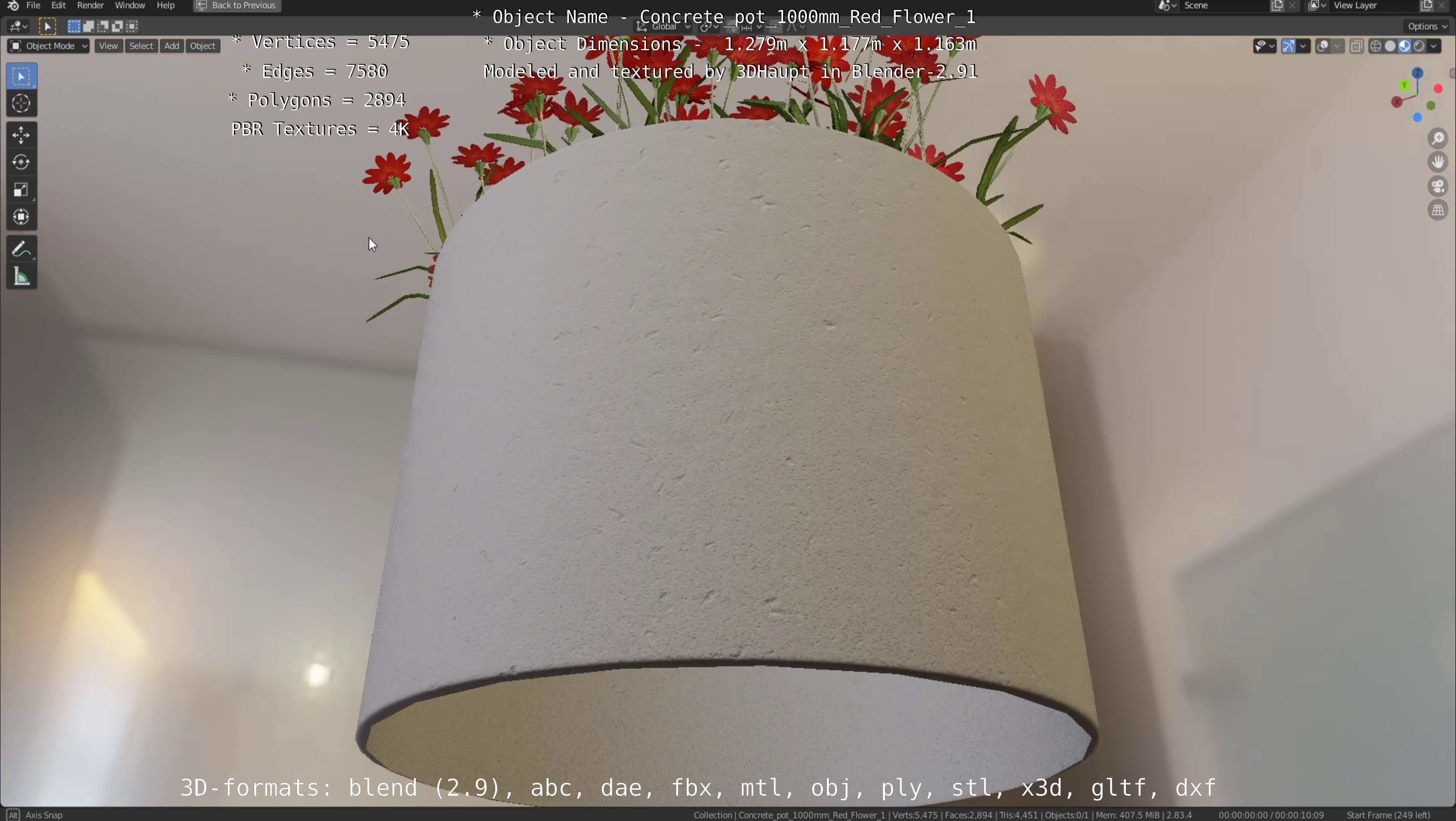 Concrete 1000mm with Red Flowers Version 1 Low-poly 3D model_80