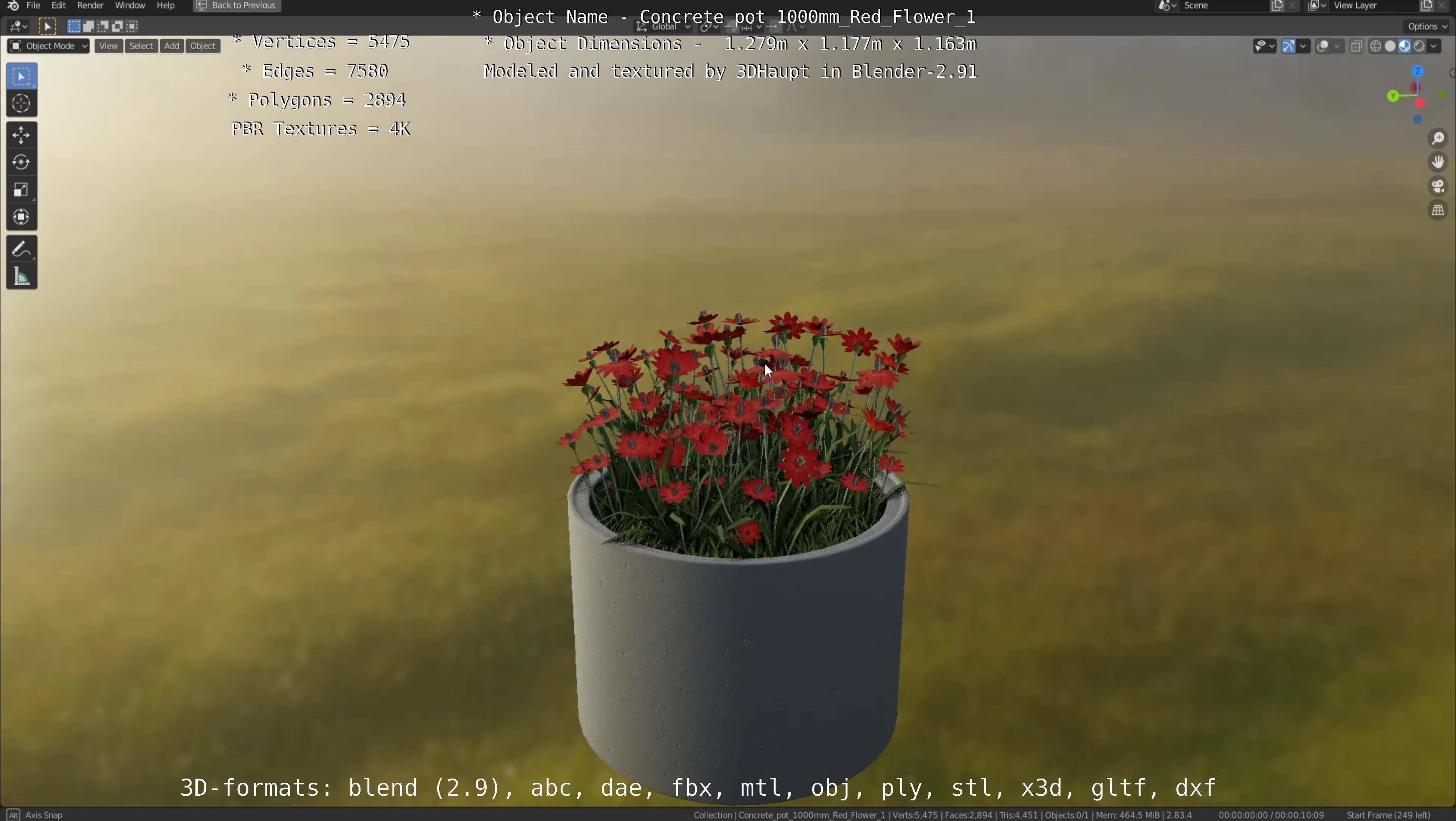 Concrete 1000mm with Red Flowers Version 1 Low-poly 3D model_100