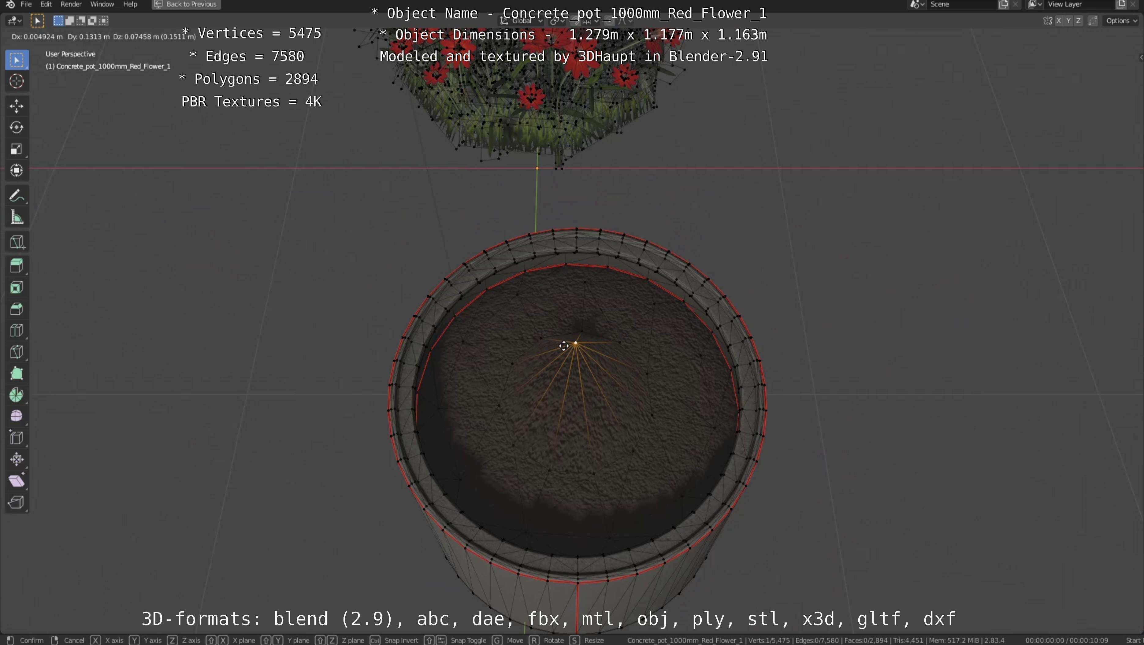 Concrete 1000mm with Red Flowers Version 1 Low-poly 3D model_116