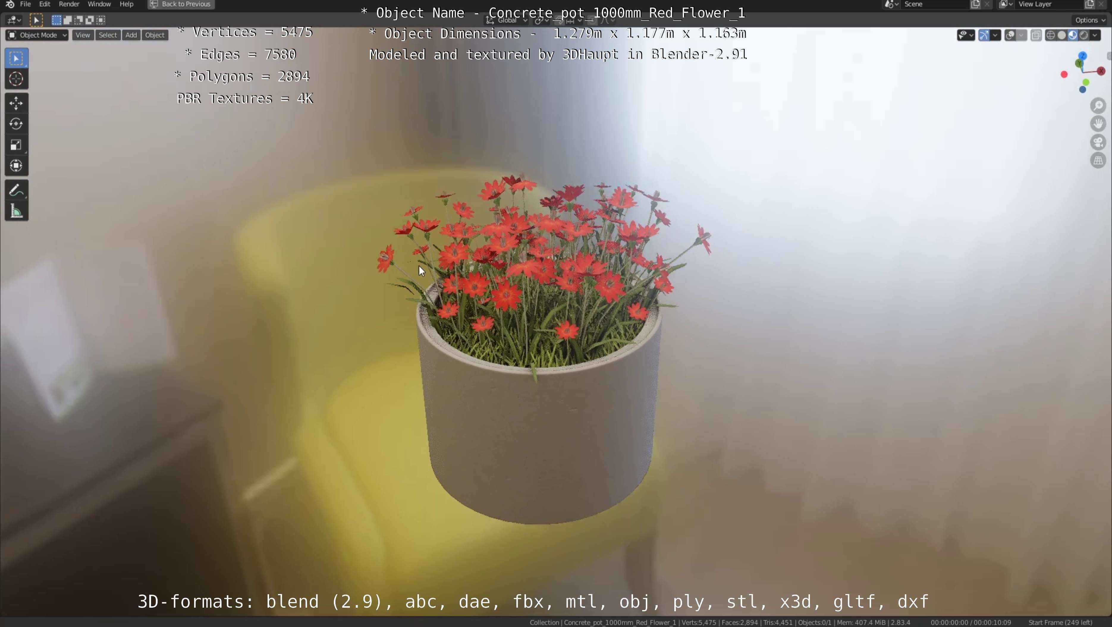 Concrete 1000mm with Red Flowers Version 1 Low-poly 3D model_74