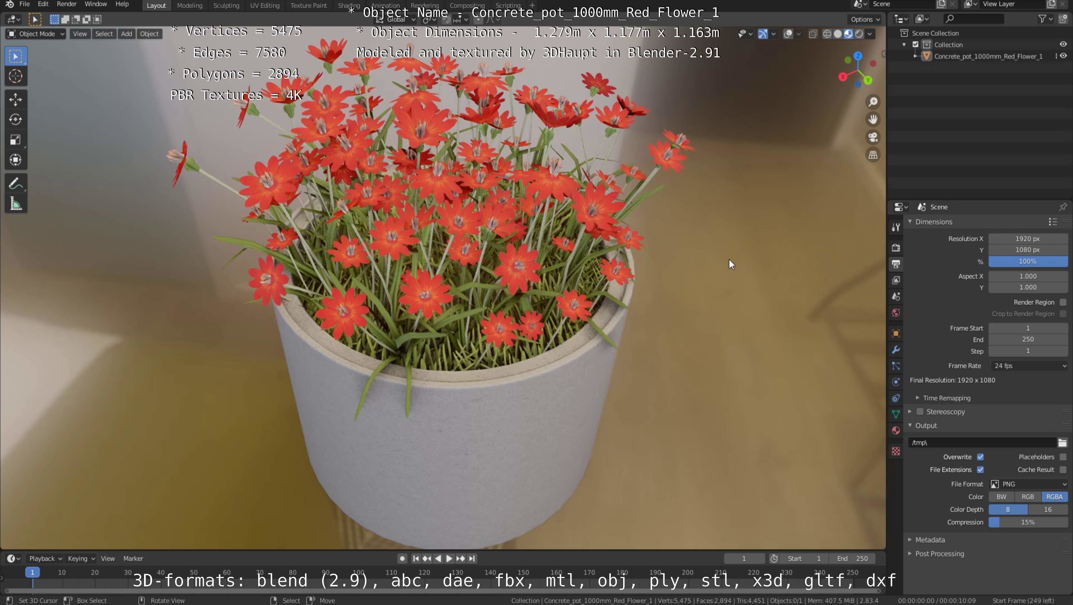 Concrete 1000mm with Red Flowers Version 1 Low-poly 3D model_71
