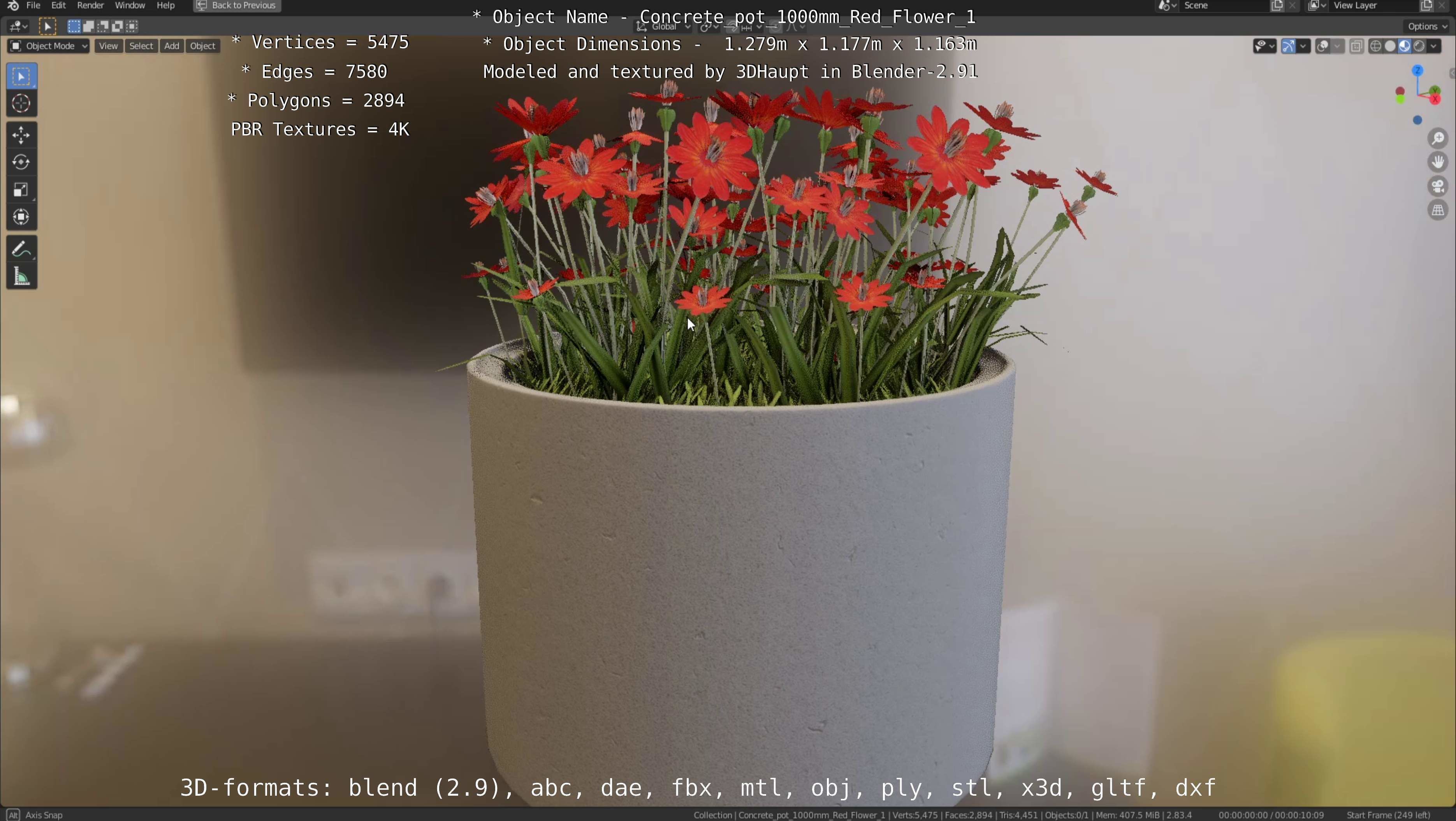 Concrete 1000mm with Red Flowers Version 1 Low-poly 3D model_77