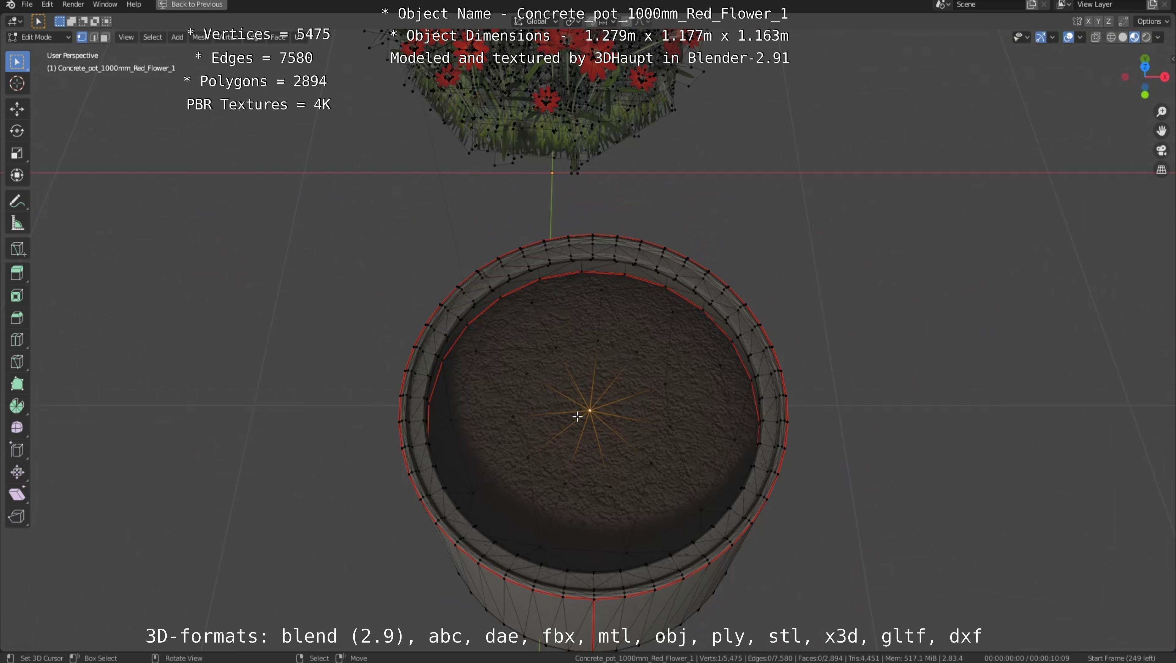 Concrete 1000mm with Red Flowers Version 1 Low-poly 3D model_105