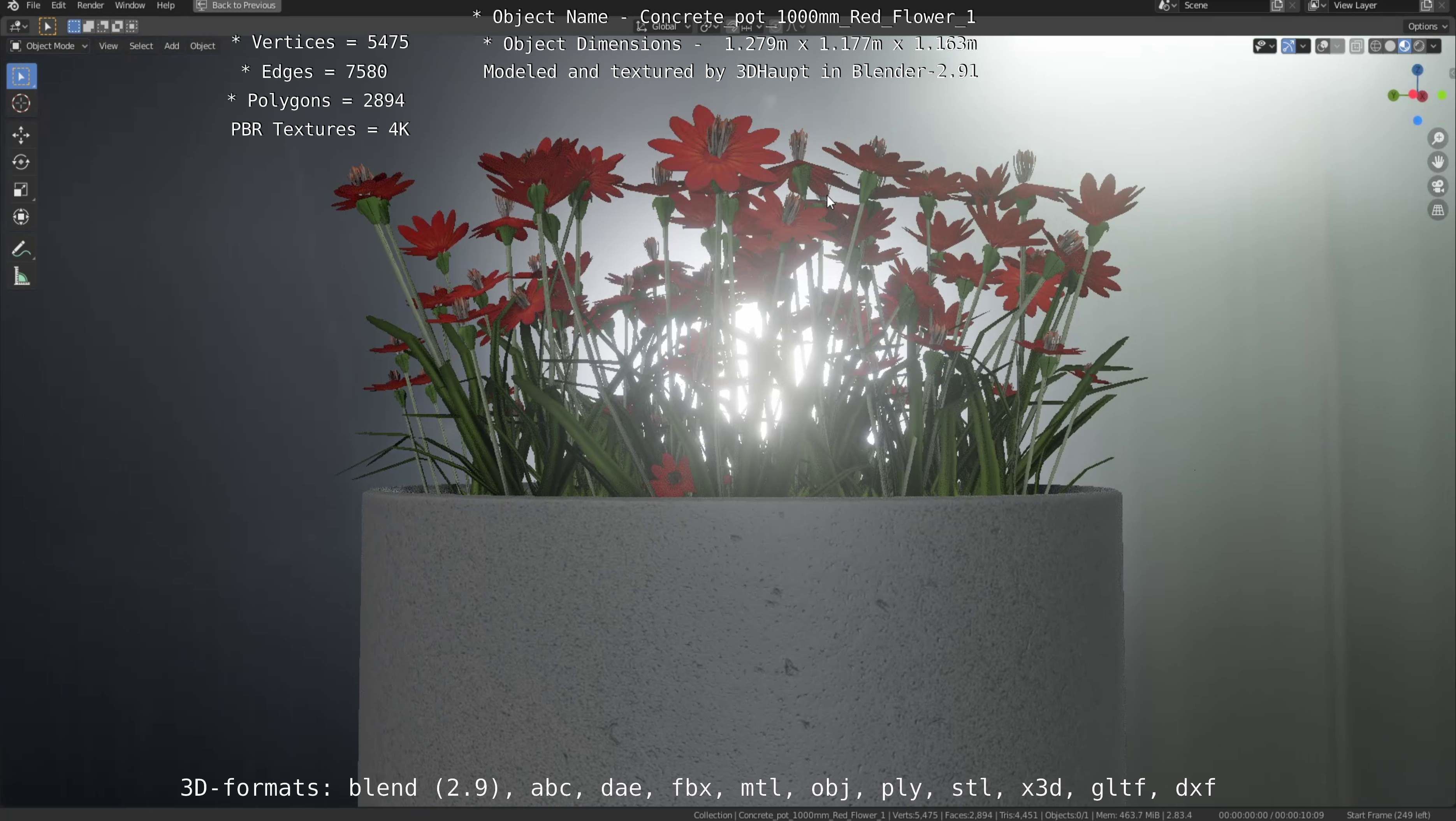 Concrete 1000mm with Red Flowers Version 1 Low-poly 3D model_89