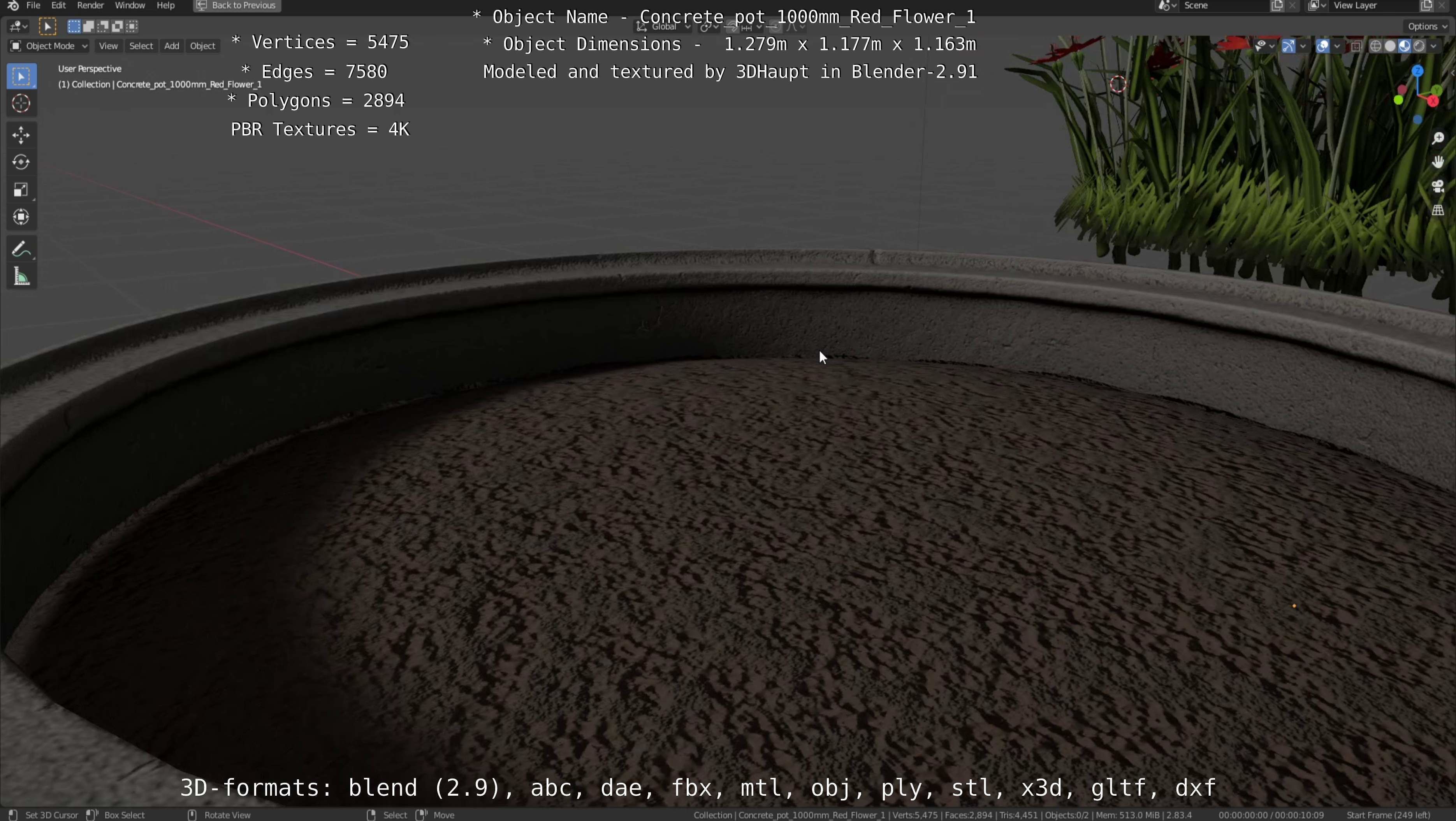 Concrete 1000mm with Red Flowers Version 1 Low-poly 3D model_22