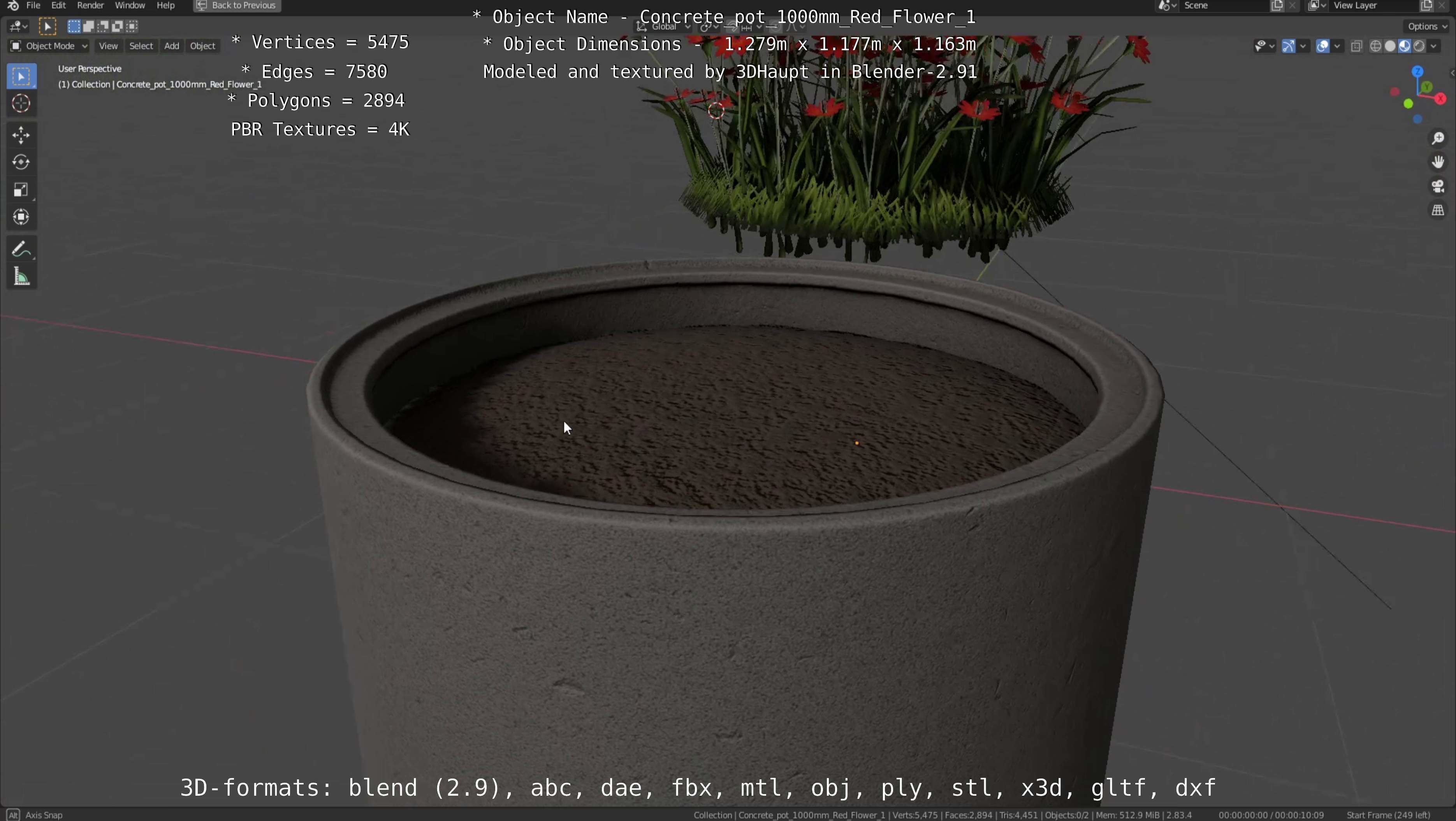 Concrete 1000mm with Red Flowers Version 1 Low-poly 3D model_21