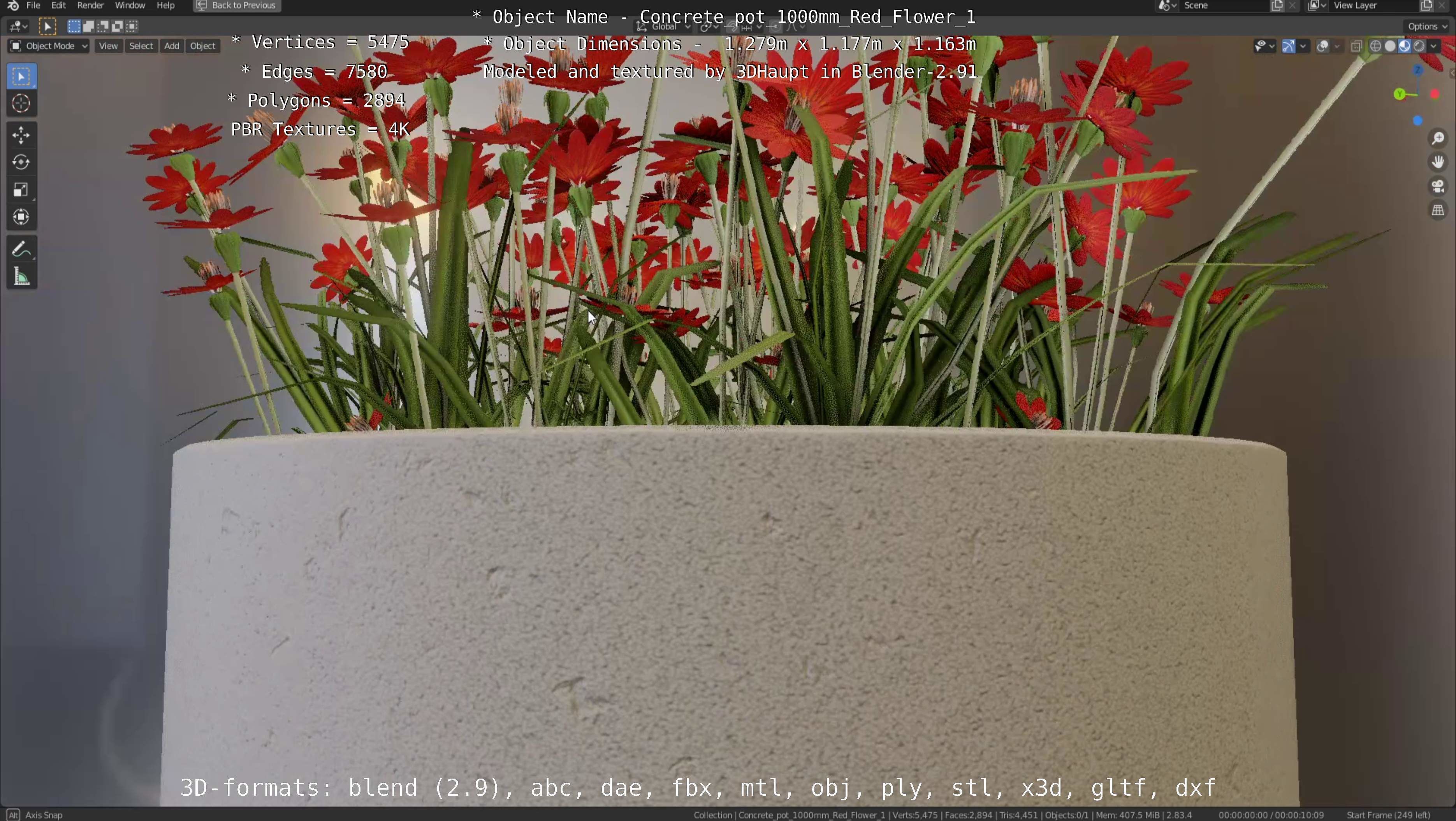 Concrete 1000mm with Red Flowers Version 1 Low-poly 3D model_36