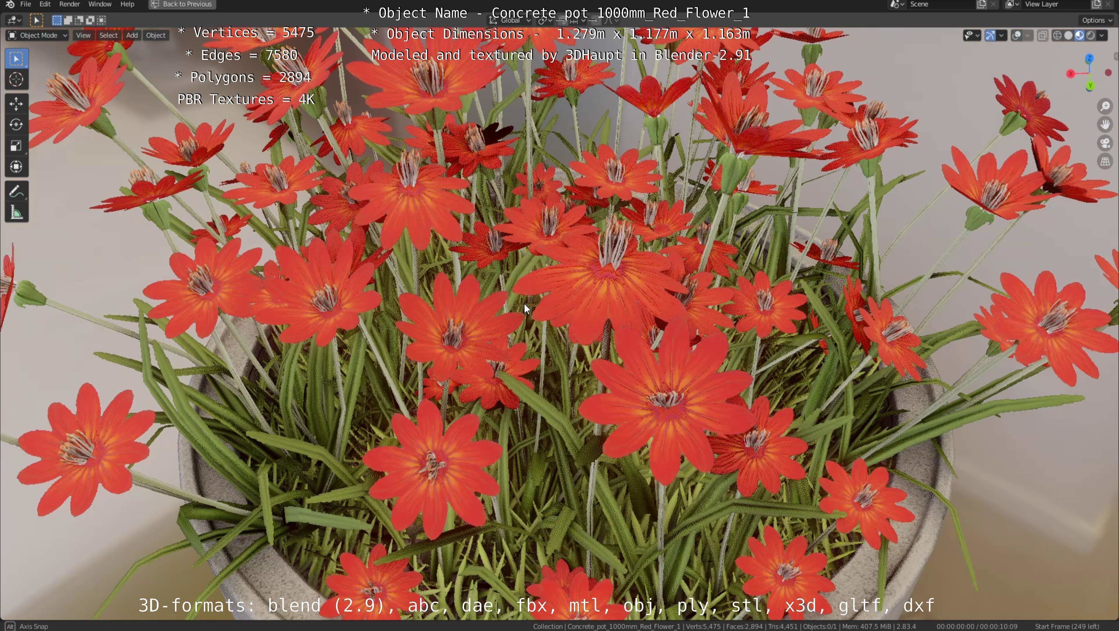 Concrete 1000mm with Red Flowers Version 1 Low-poly 3D model_35
