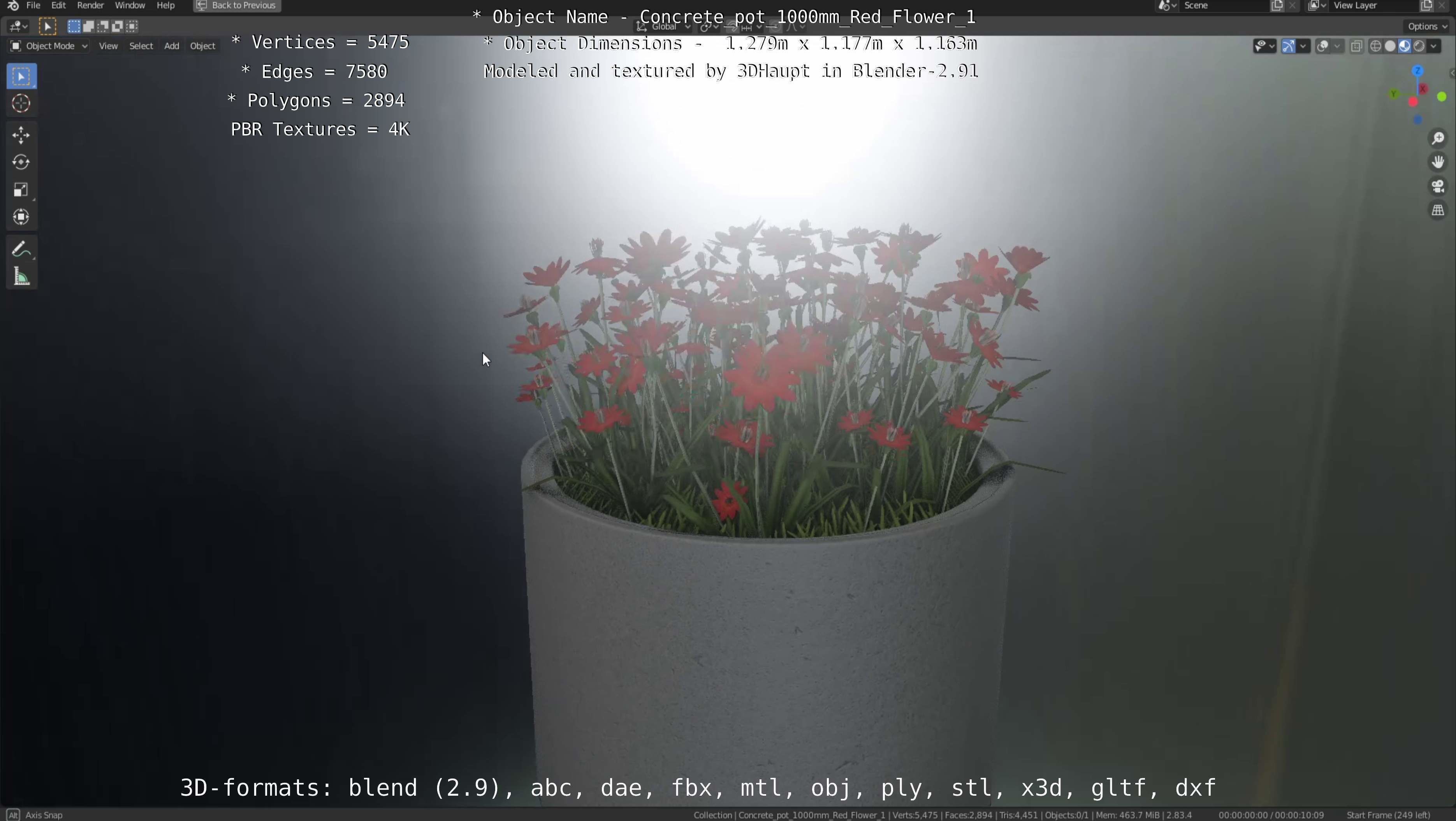 Concrete 1000mm with Red Flowers Version 1 Low-poly 3D model_84