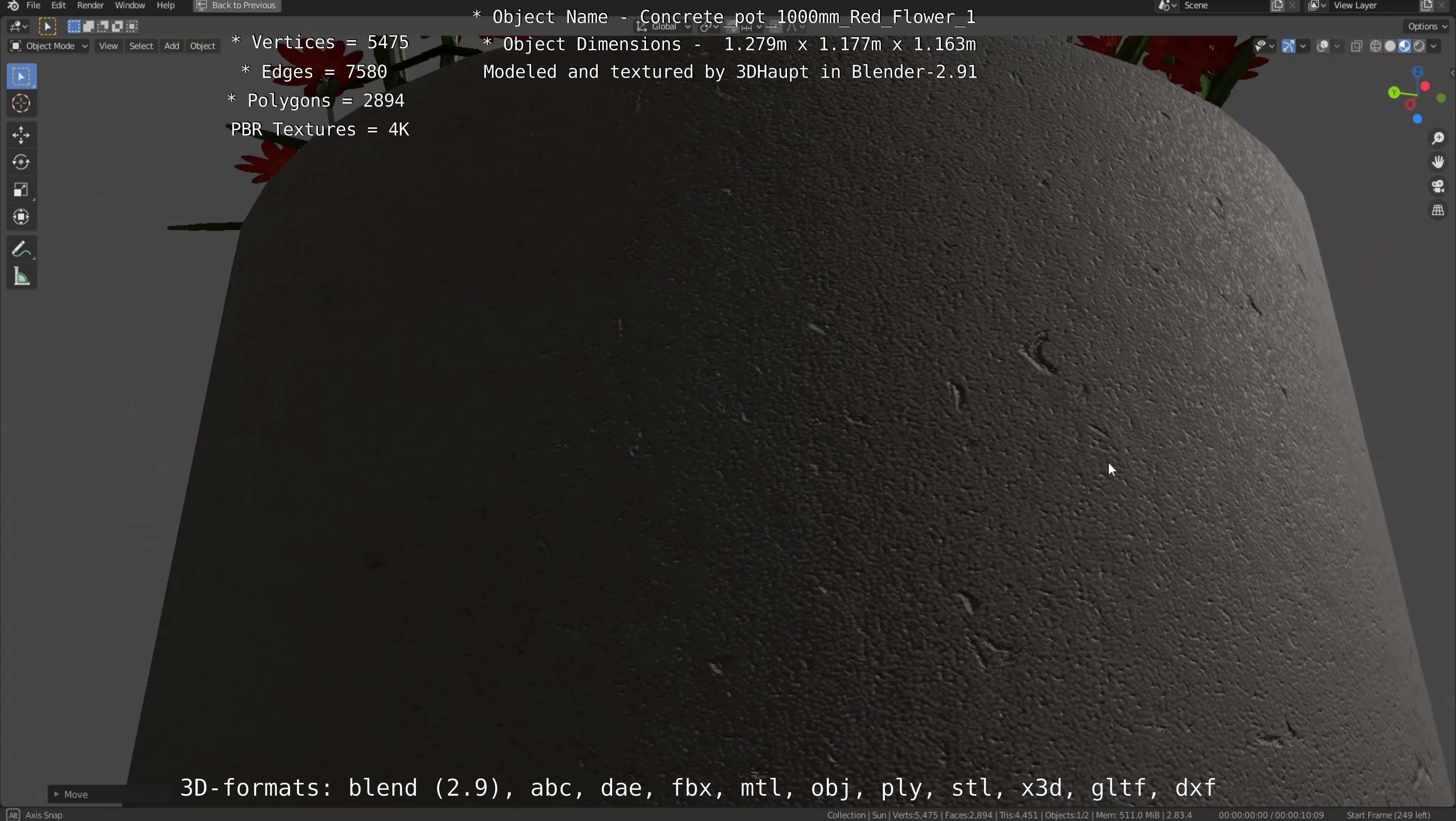 Concrete 1000mm with Red Flowers Version 1 Low-poly 3D model_14