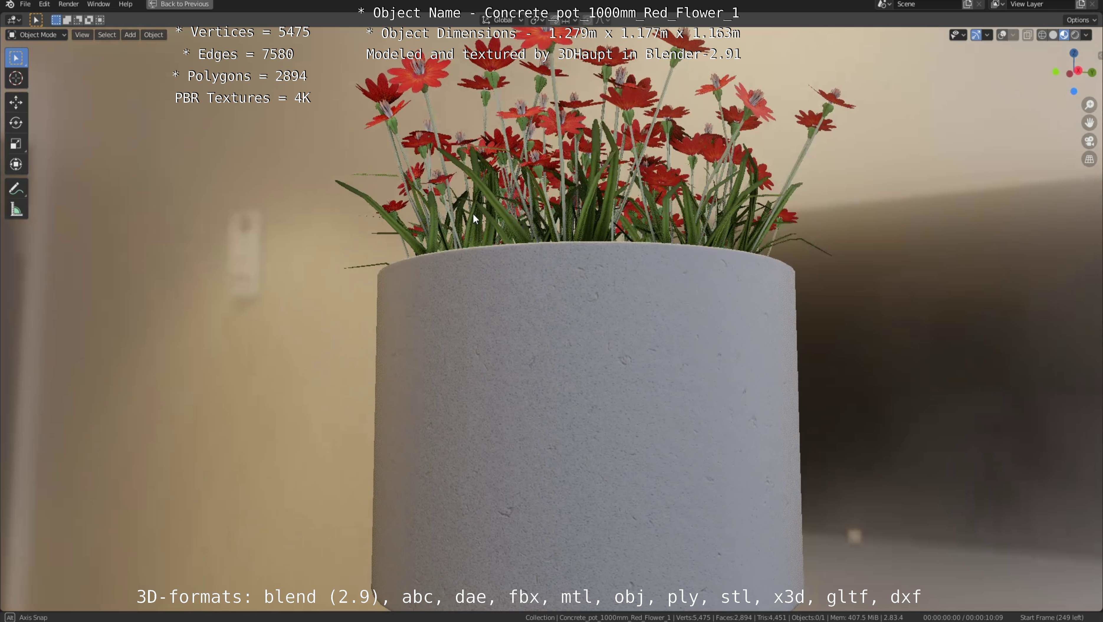 Concrete 1000mm with Red Flowers Version 1 Low-poly 3D model_78
