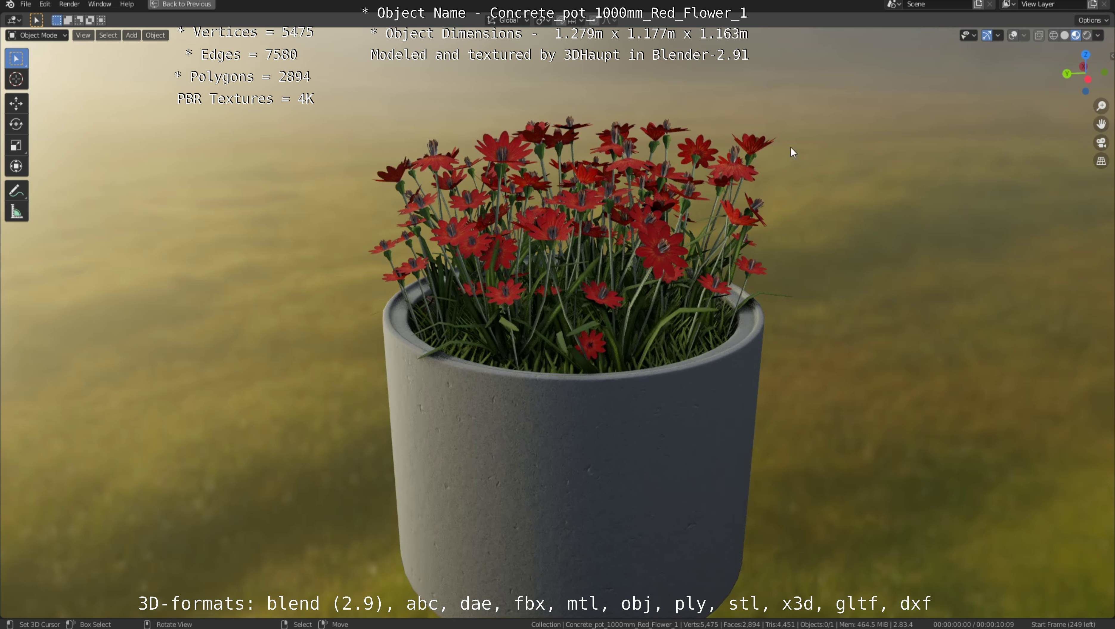 Concrete 1000mm with Red Flowers Version 1 Low-poly 3D model_102
