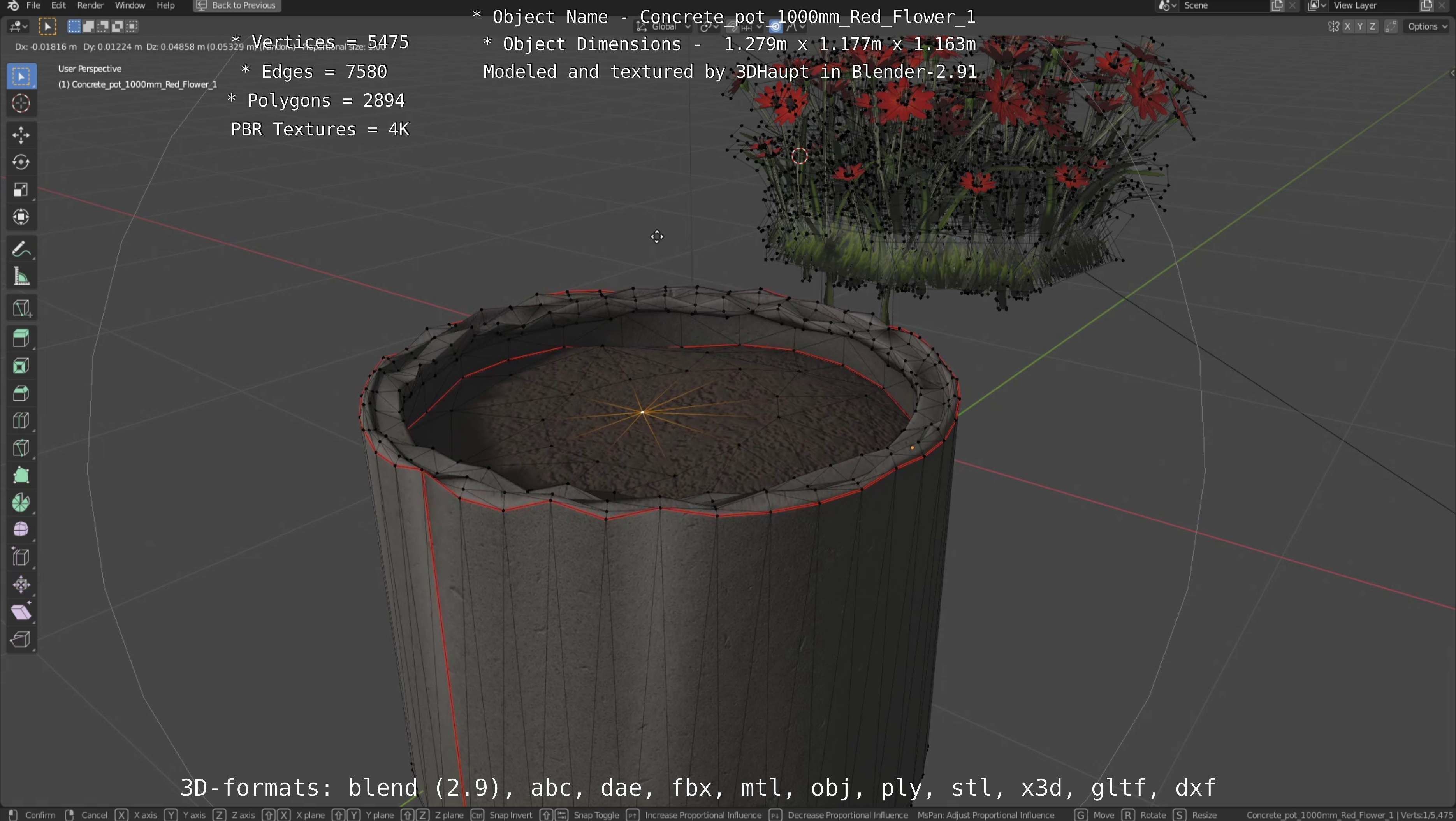 Concrete 1000mm with Red Flowers Version 1 Low-poly 3D model_52