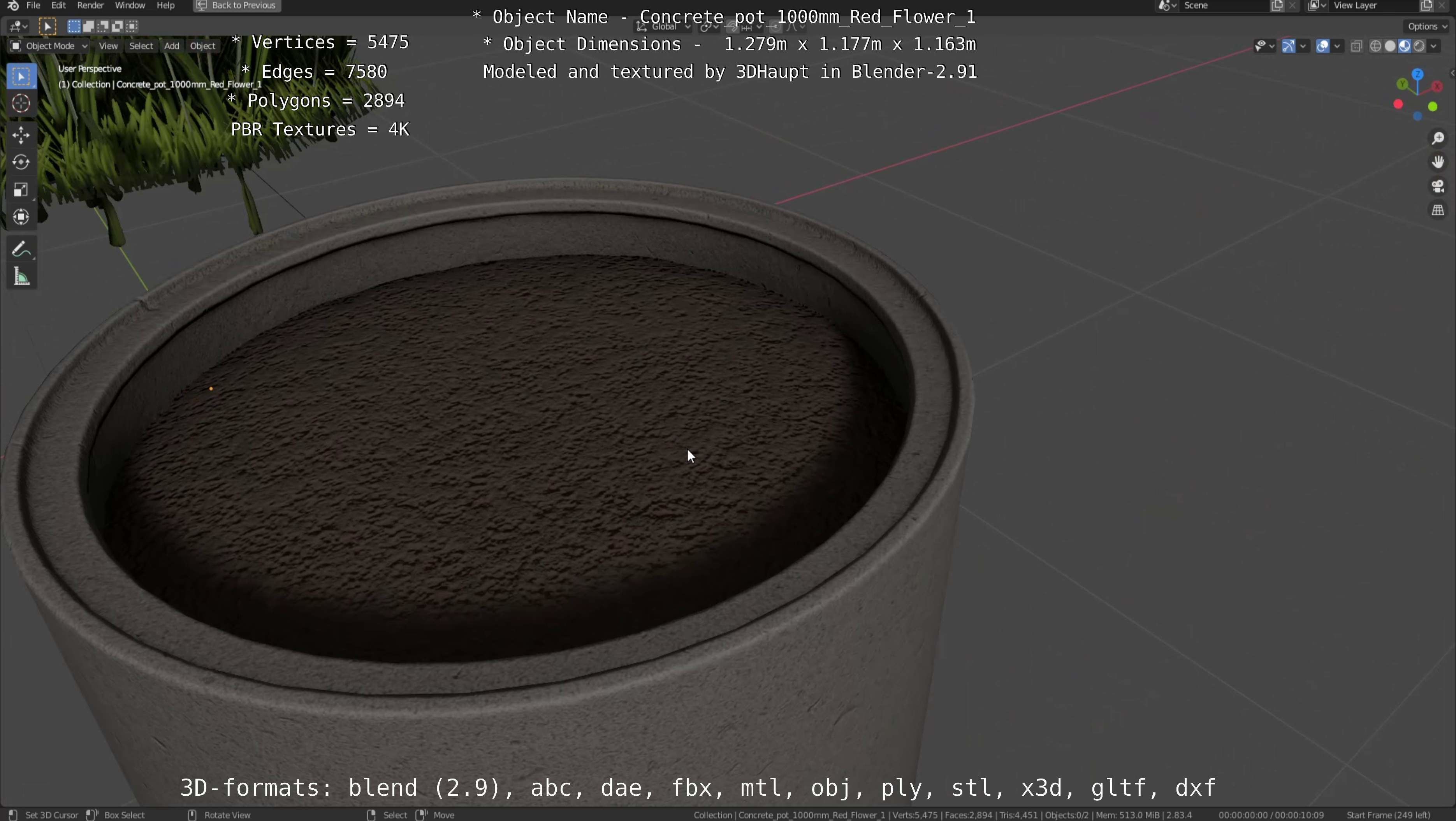 Concrete 1000mm with Red Flowers Version 1 Low-poly 3D model_120