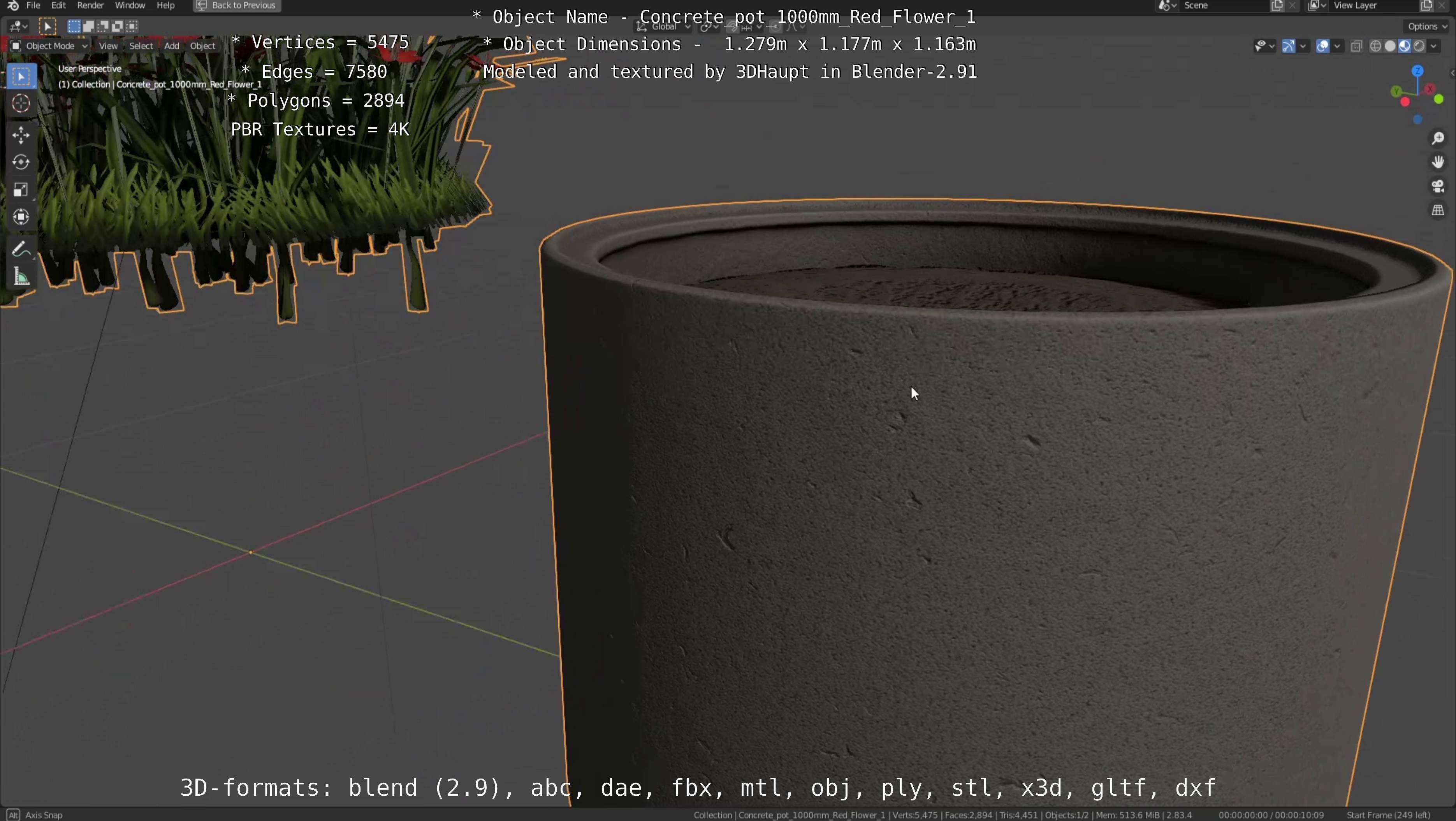 Concrete 1000mm with Red Flowers Version 1 Low-poly 3D model_41