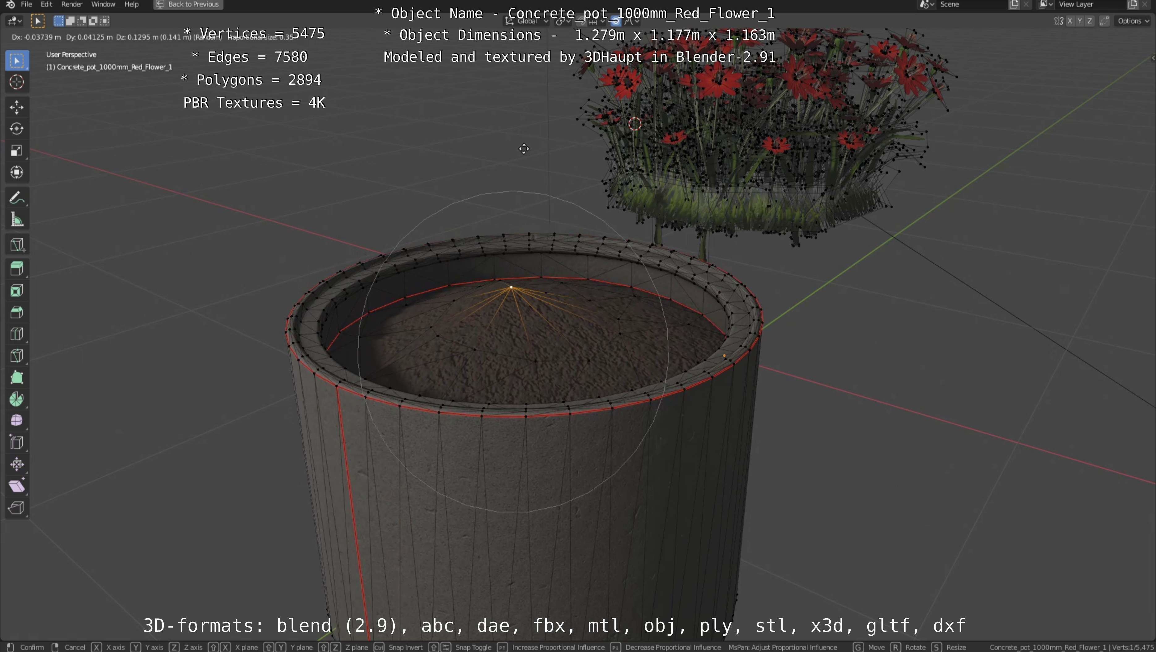 Concrete 1000mm with Red Flowers Version 1 Low-poly 3D model_56