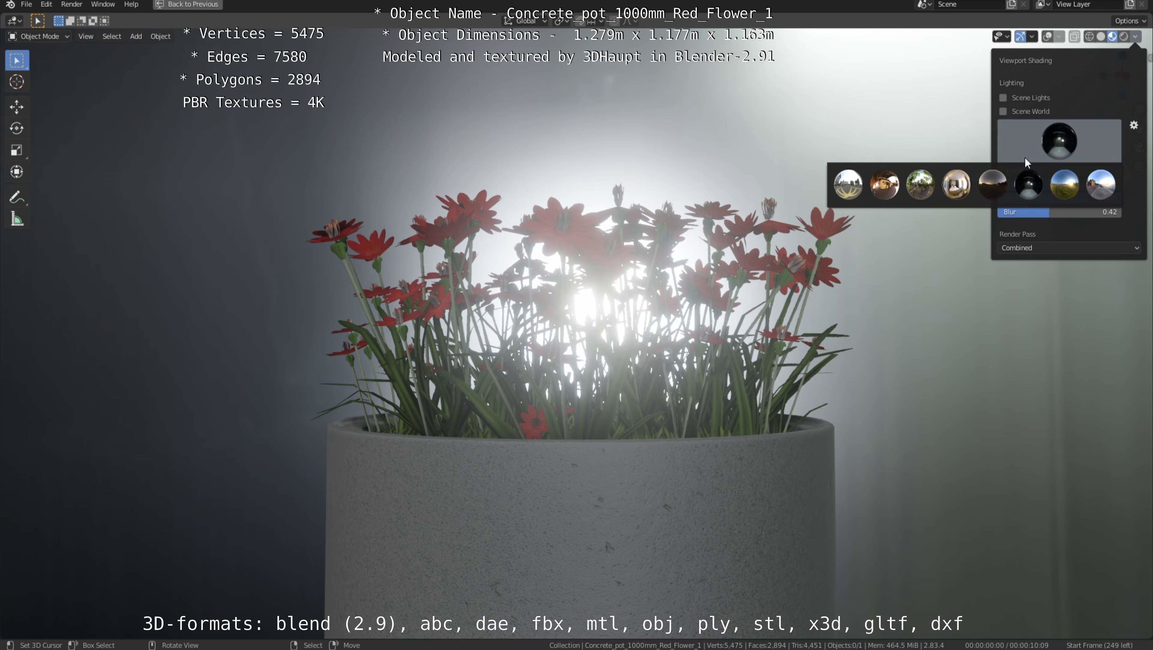 Concrete 1000mm with Red Flowers Version 1 Low-poly 3D model_93
