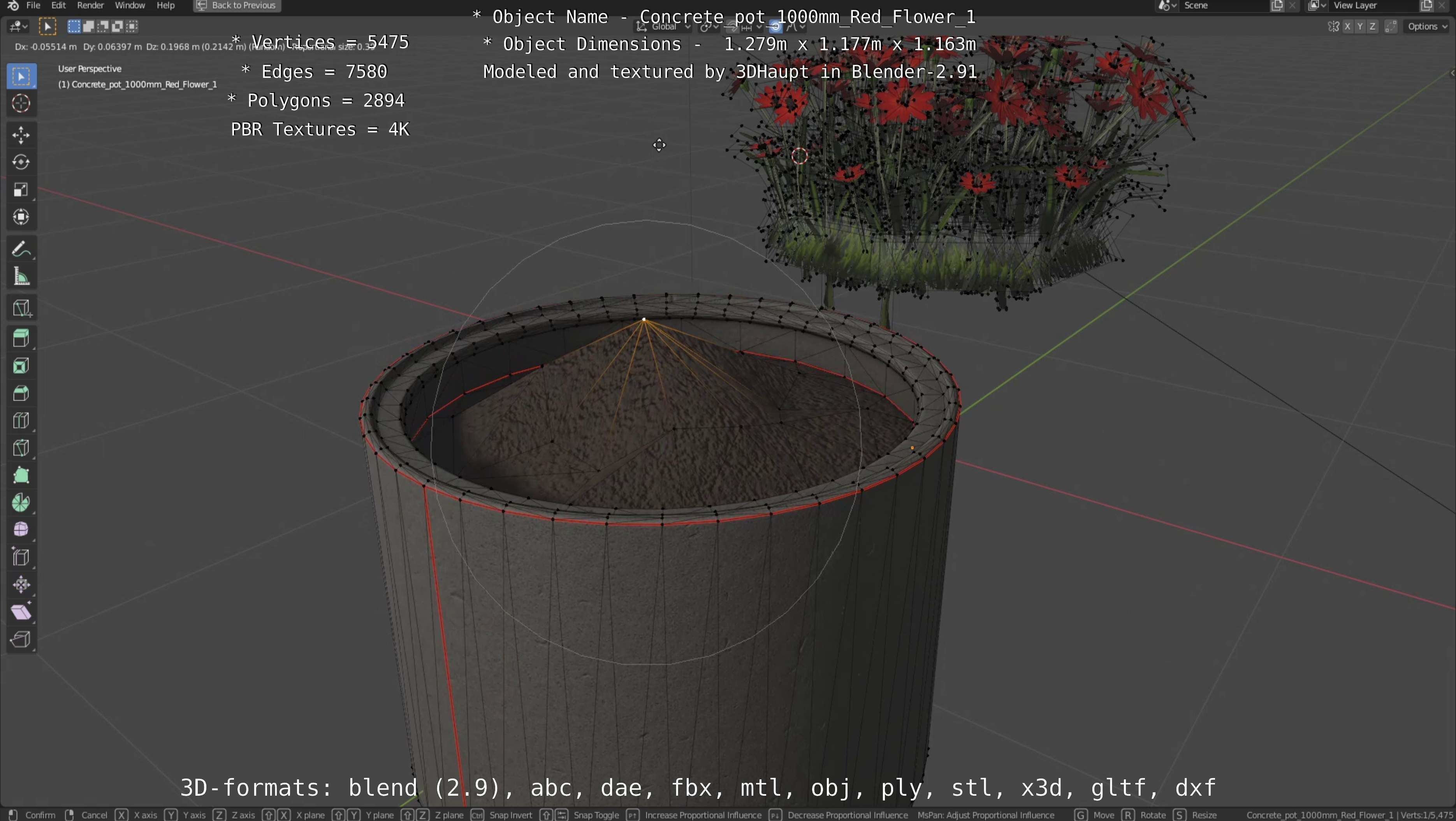 Concrete 1000mm with Red Flowers Version 1 Low-poly 3D model_59