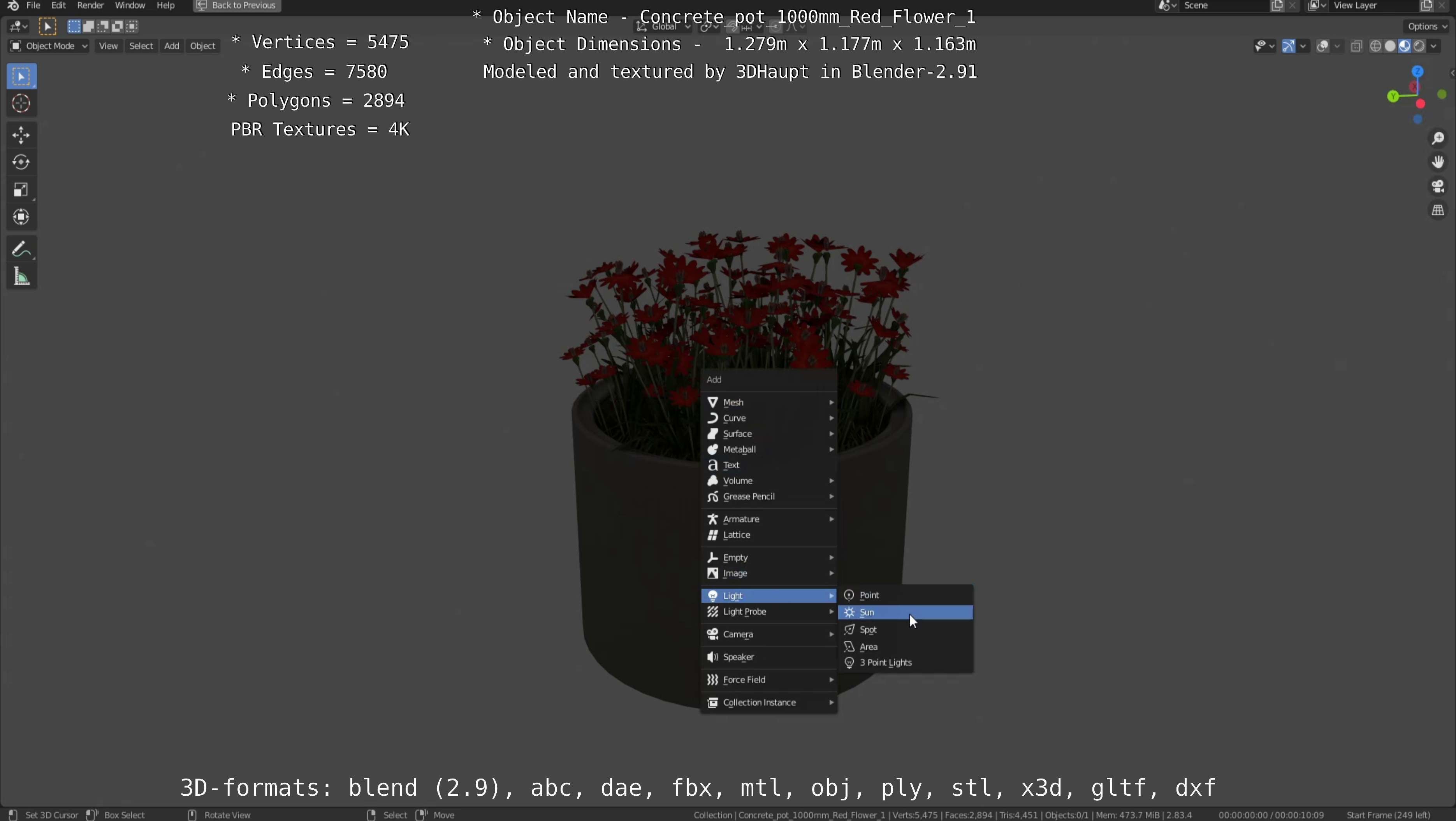 Concrete 1000mm with Red Flowers Version 1 Low-poly 3D model_104