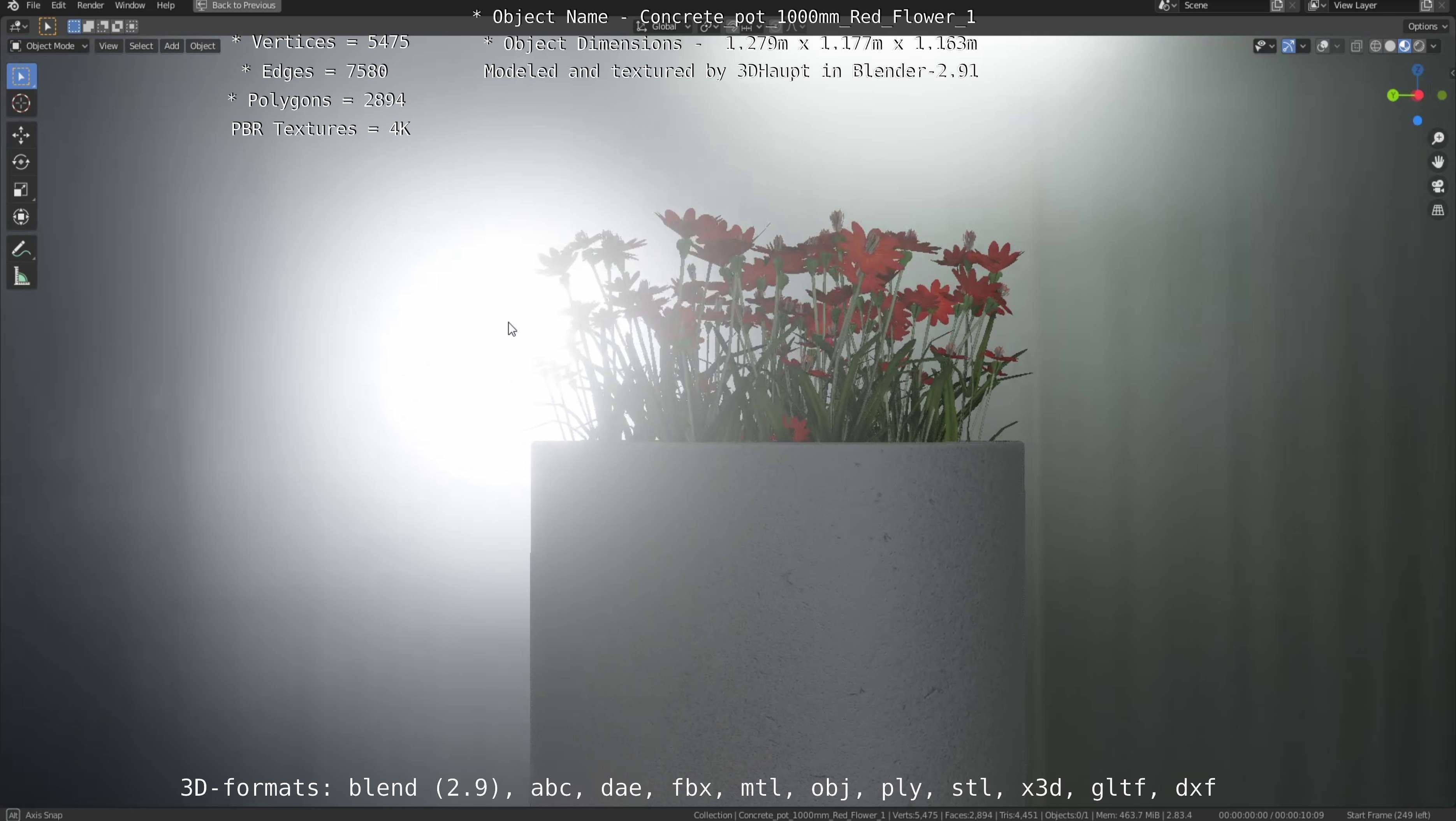 Concrete 1000mm with Red Flowers Version 1 Low-poly 3D model_85