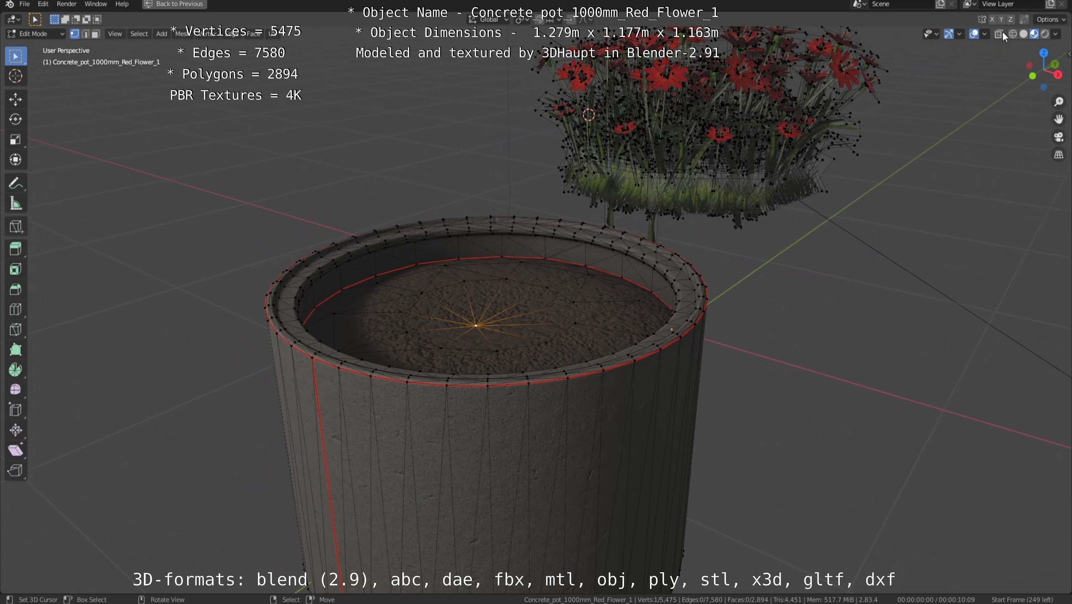 Concrete 1000mm with Red Flowers Version 1 Low-poly 3D model_49