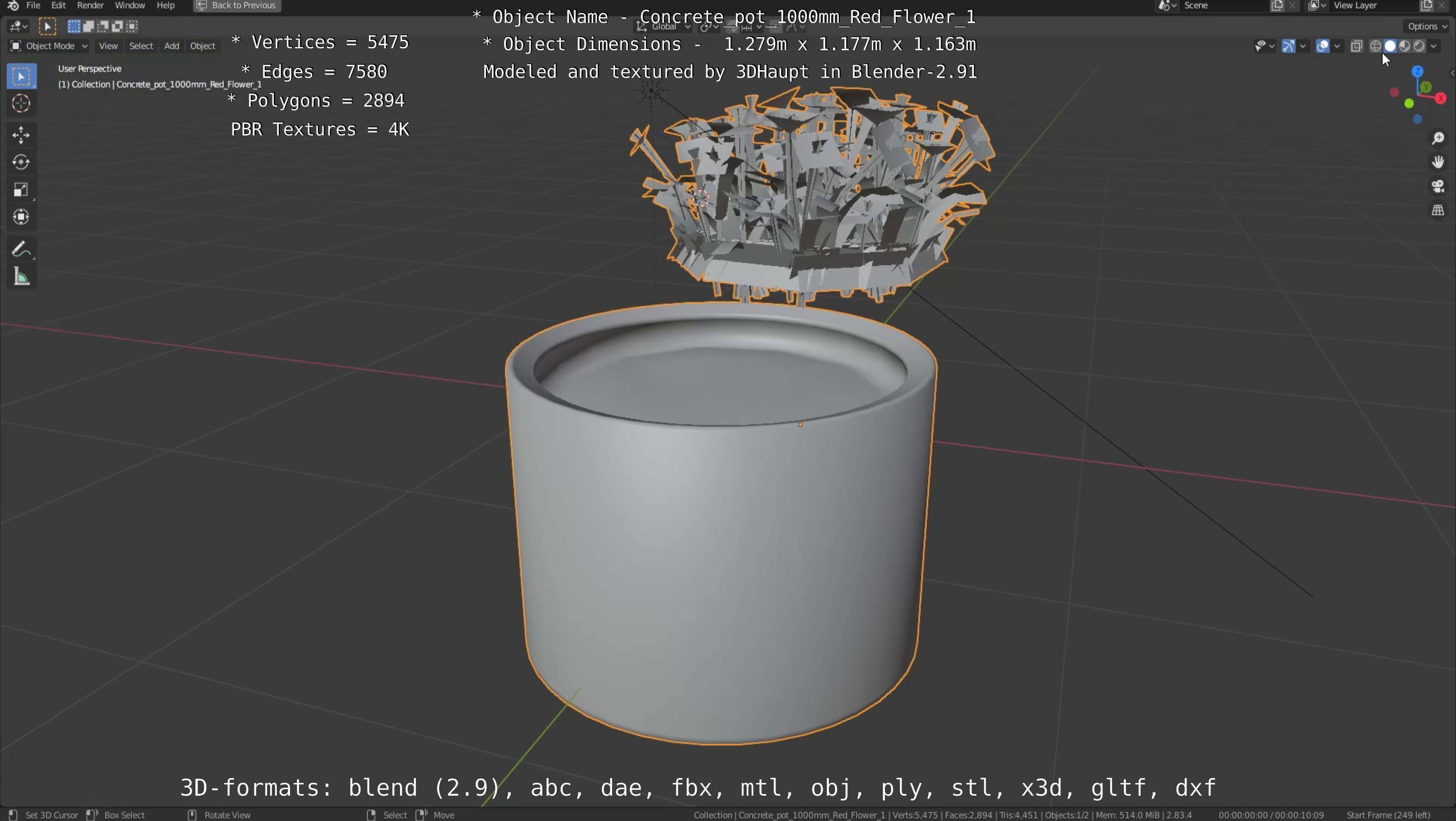 Concrete 1000mm with Red Flowers Version 1 Low-poly 3D model_62