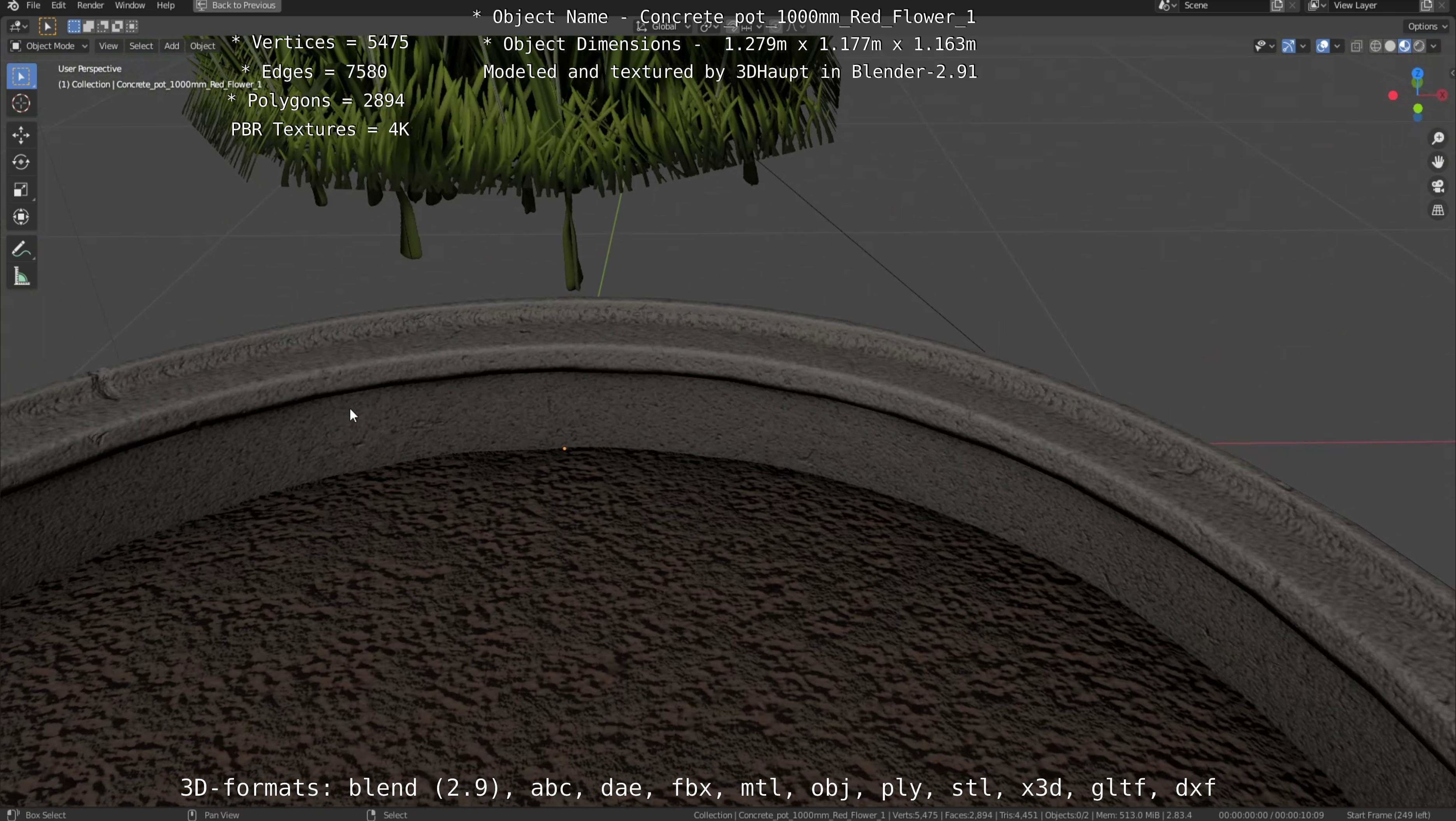 Concrete 1000mm with Red Flowers Version 1 Low-poly 3D model_25