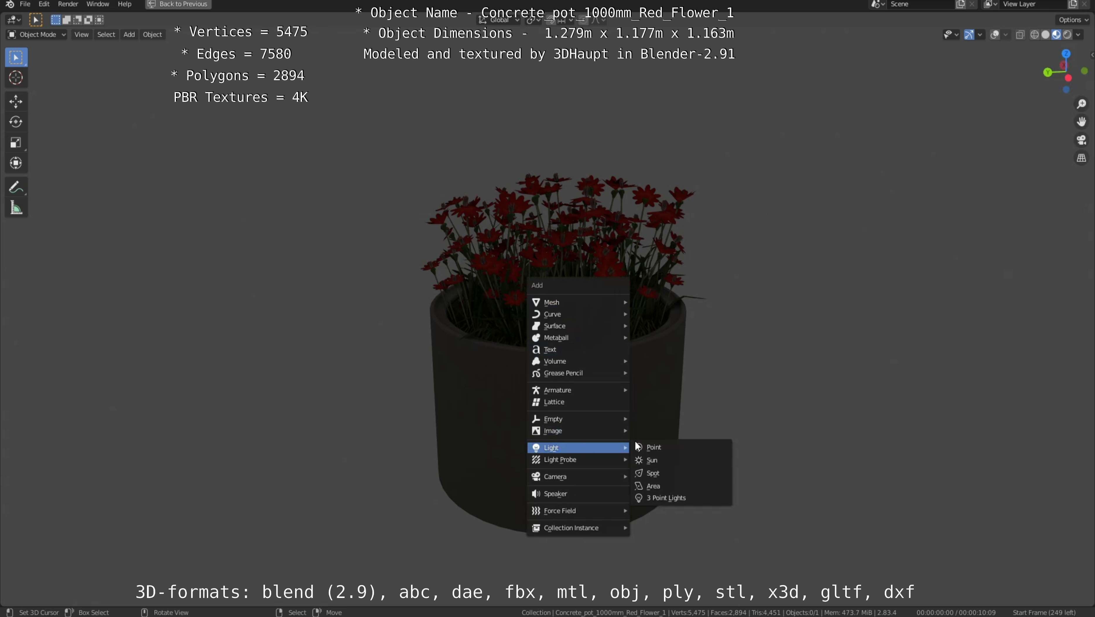 Concrete 1000mm with Red Flowers Version 1 Low-poly 3D model_103