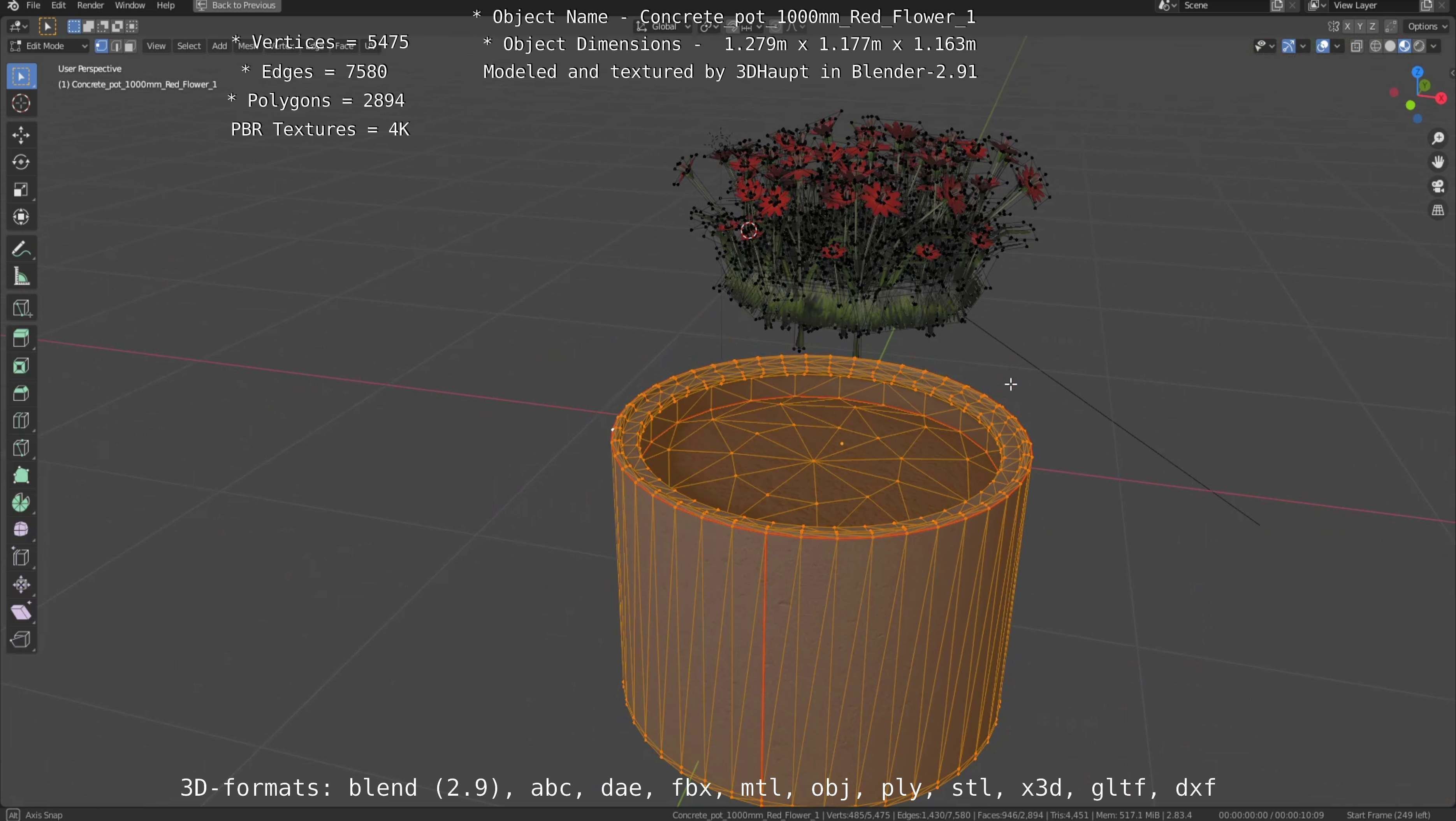 Concrete 1000mm with Red Flowers Version 1 Low-poly 3D model_83