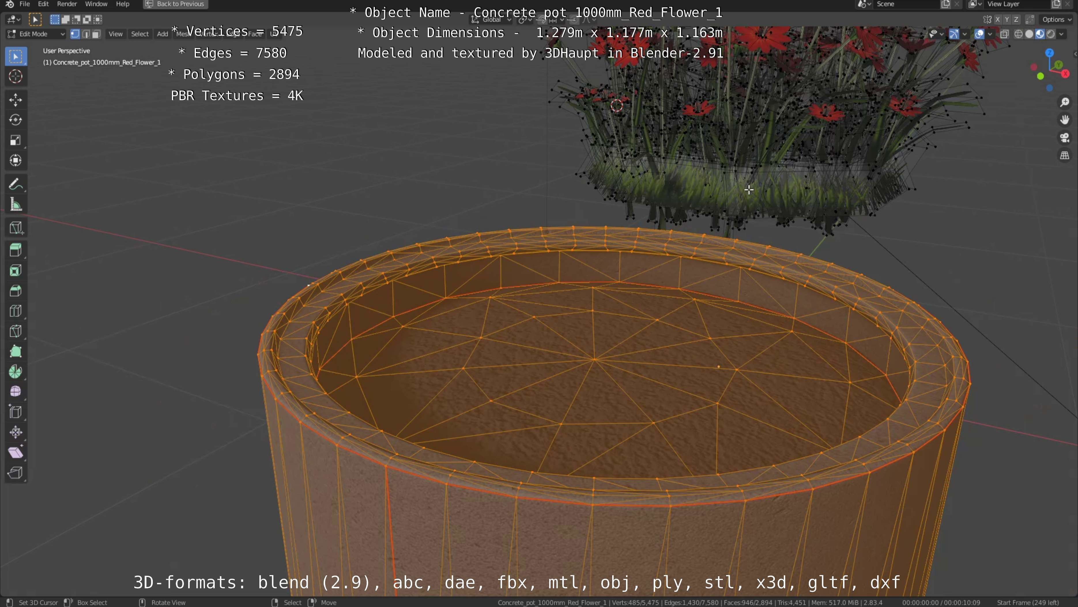 Concrete 1000mm with Red Flowers Version 1 Low-poly 3D model_26