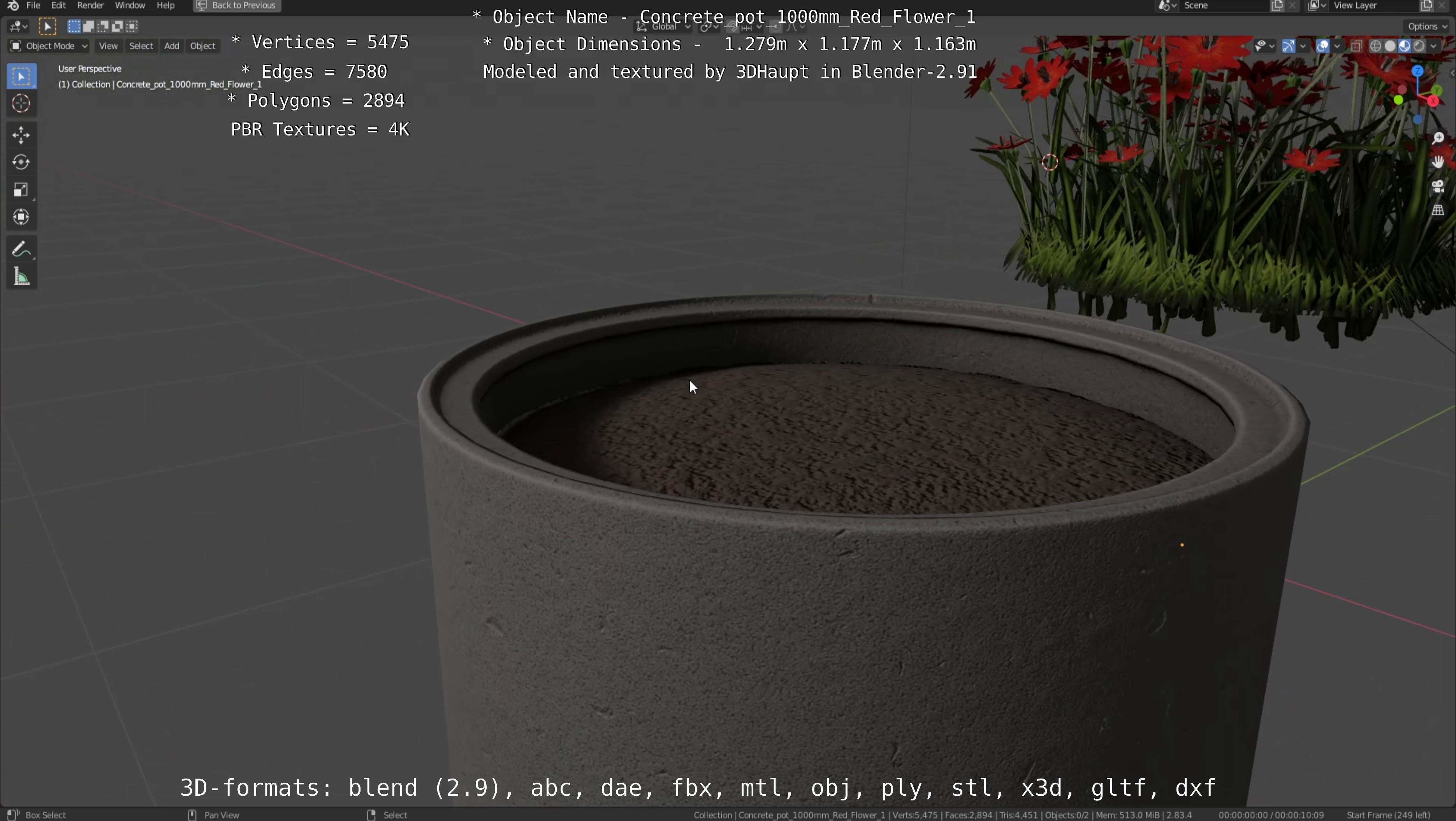Concrete 1000mm with Red Flowers Version 1 Low-poly 3D model_121