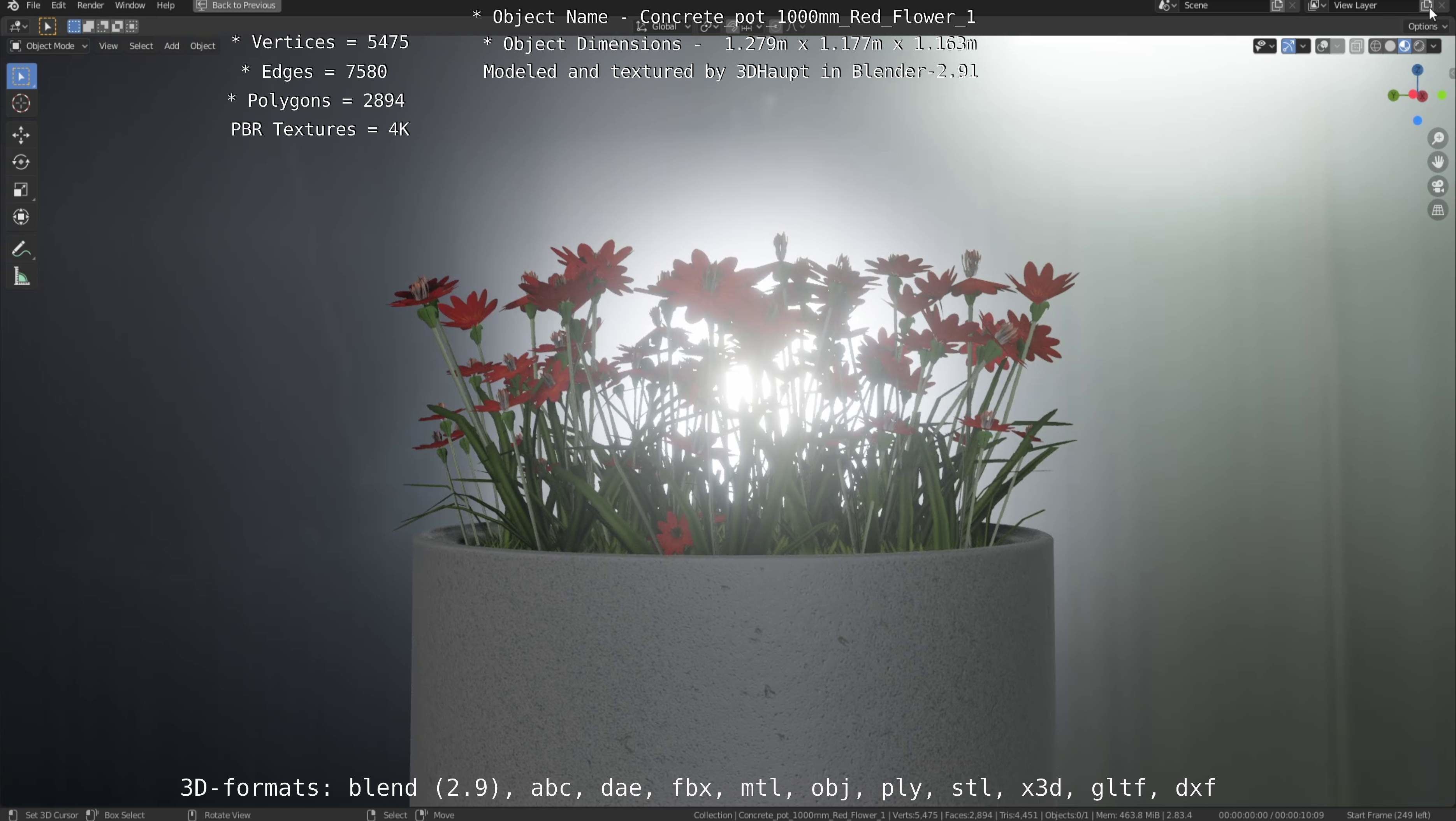 Concrete 1000mm with Red Flowers Version 1 Low-poly 3D model_6