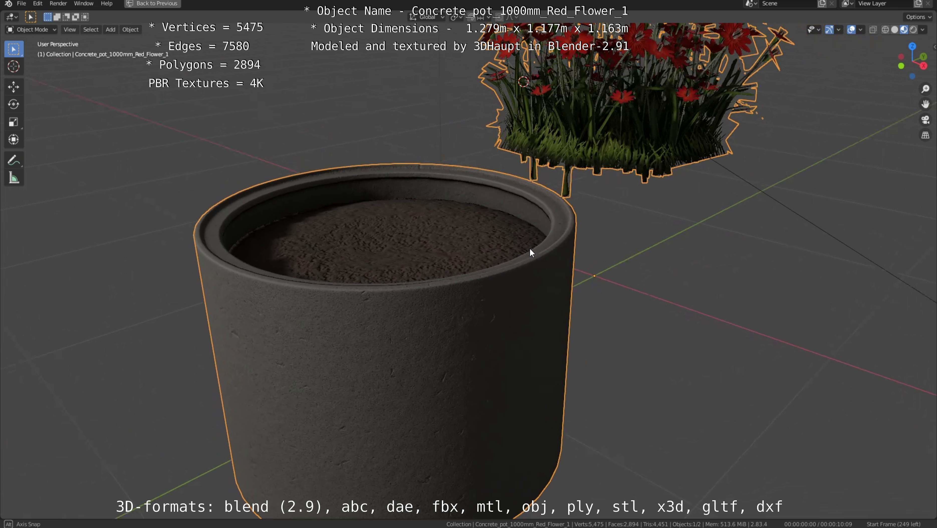 Concrete 1000mm with Red Flowers Version 1 Low-poly 3D model_46