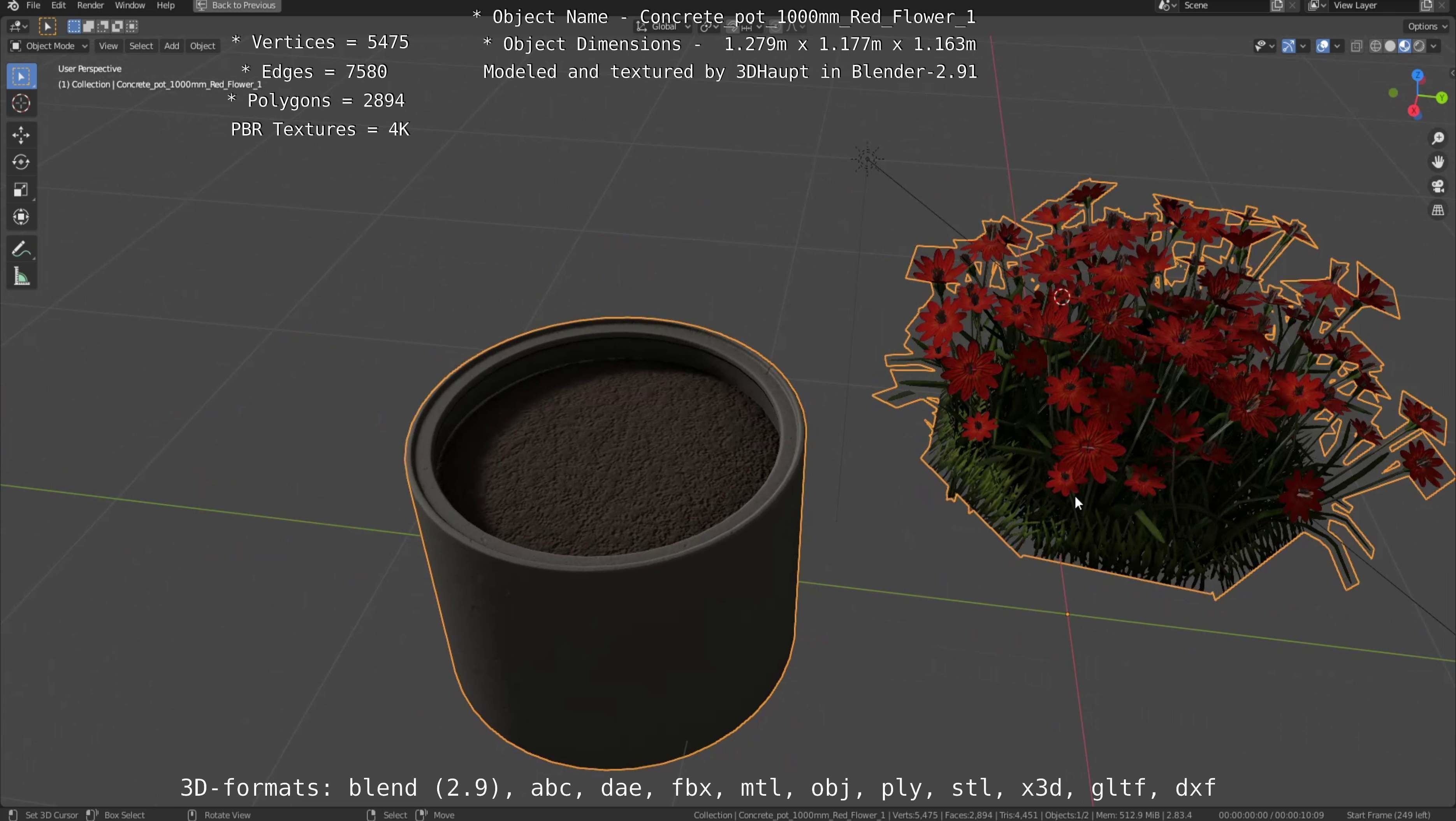 Concrete 1000mm with Red Flowers Version 1 Low-poly 3D model_115